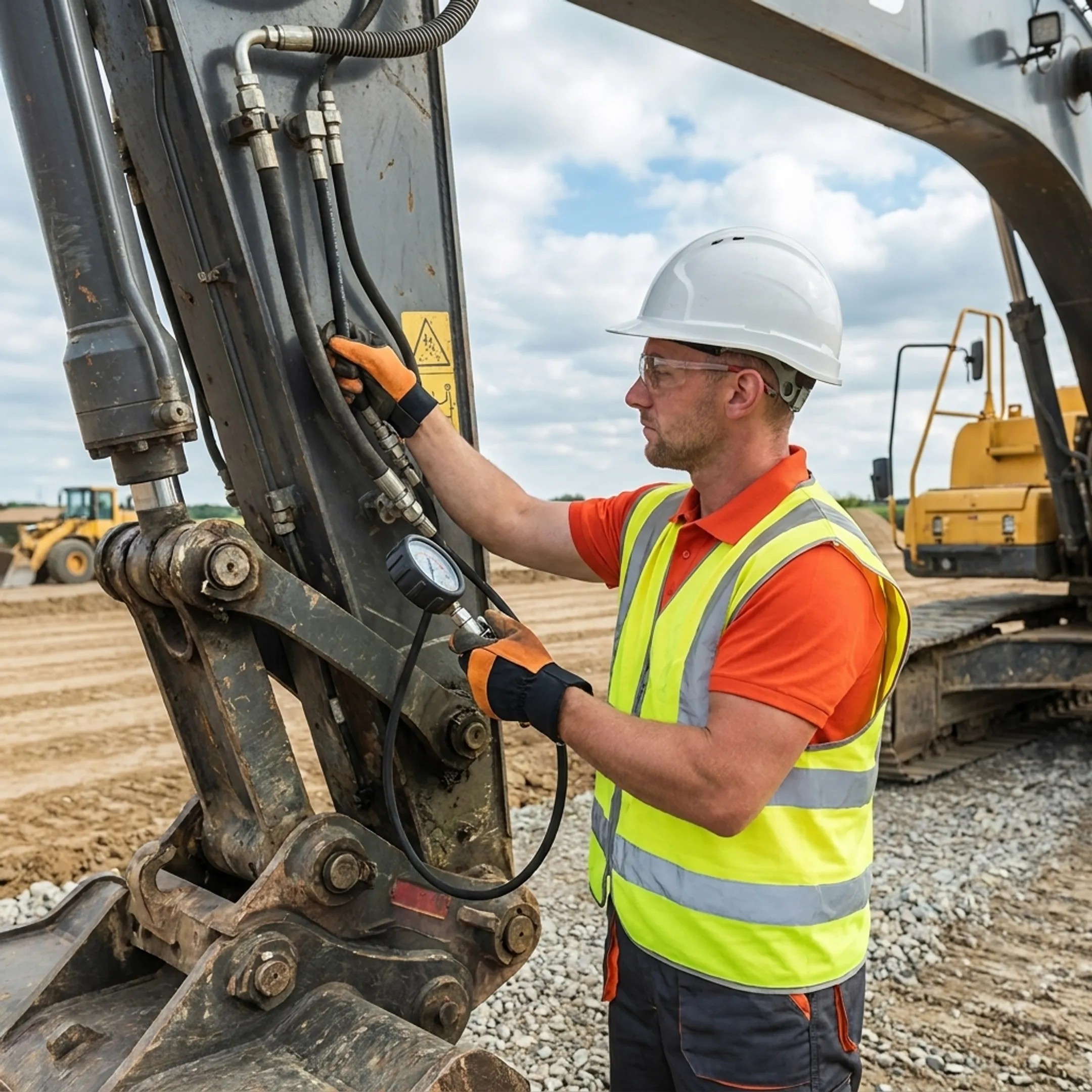 Technician diagnosing hydraulic equipment at a construction site