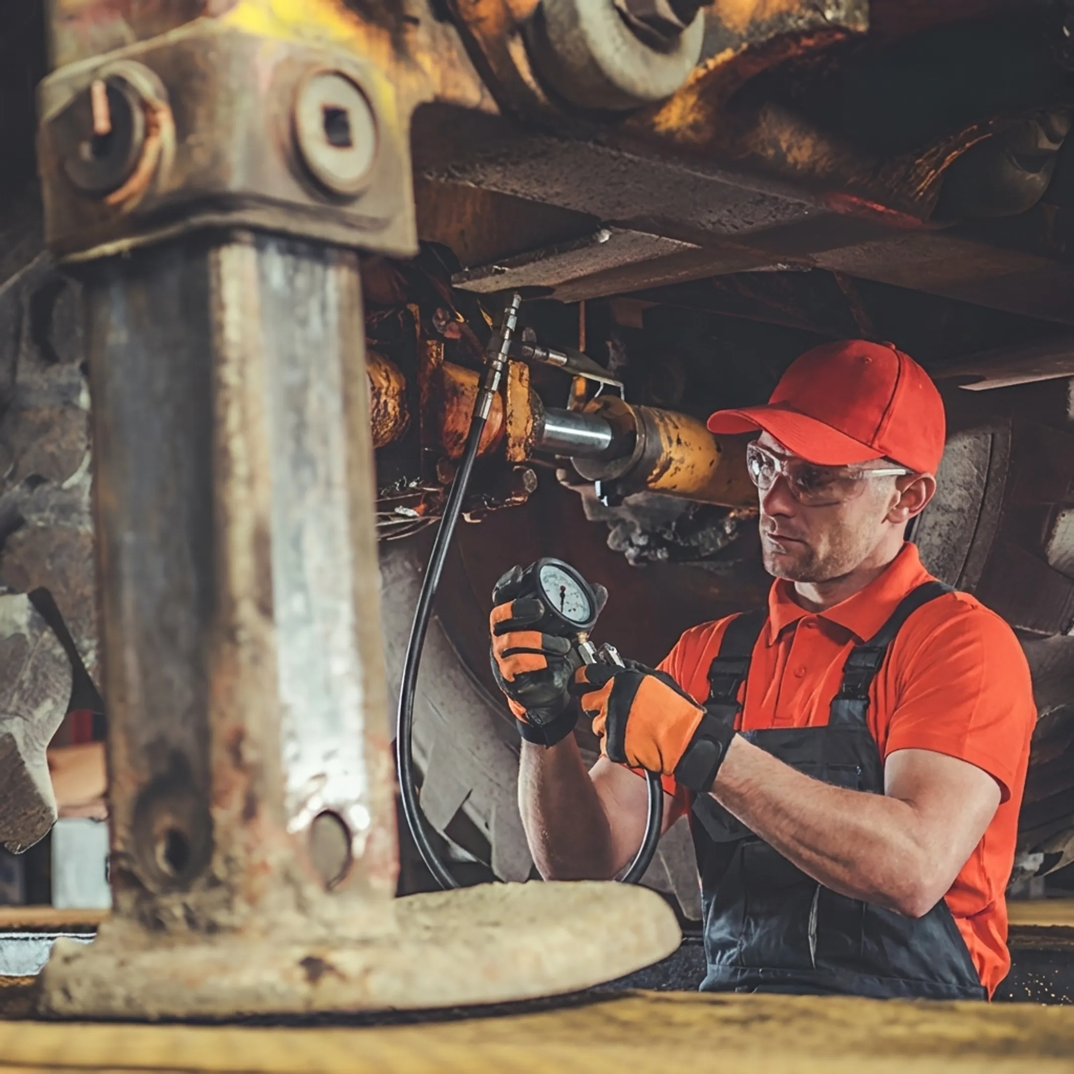 Technician diagnosing a hydraulic cylinder on construction equipment