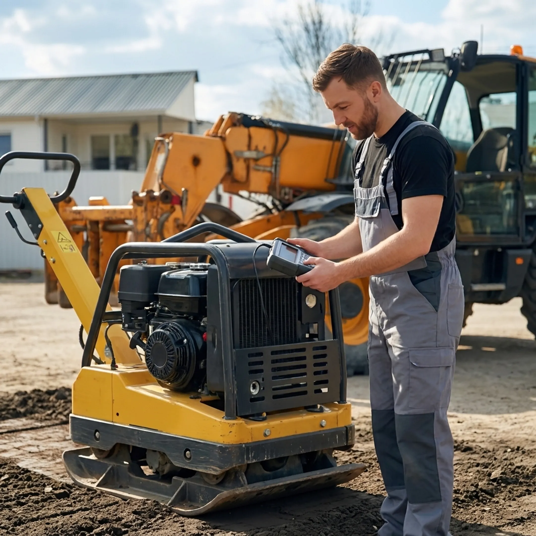 McCann technician diagnosing a plate compactor with professional service equipment