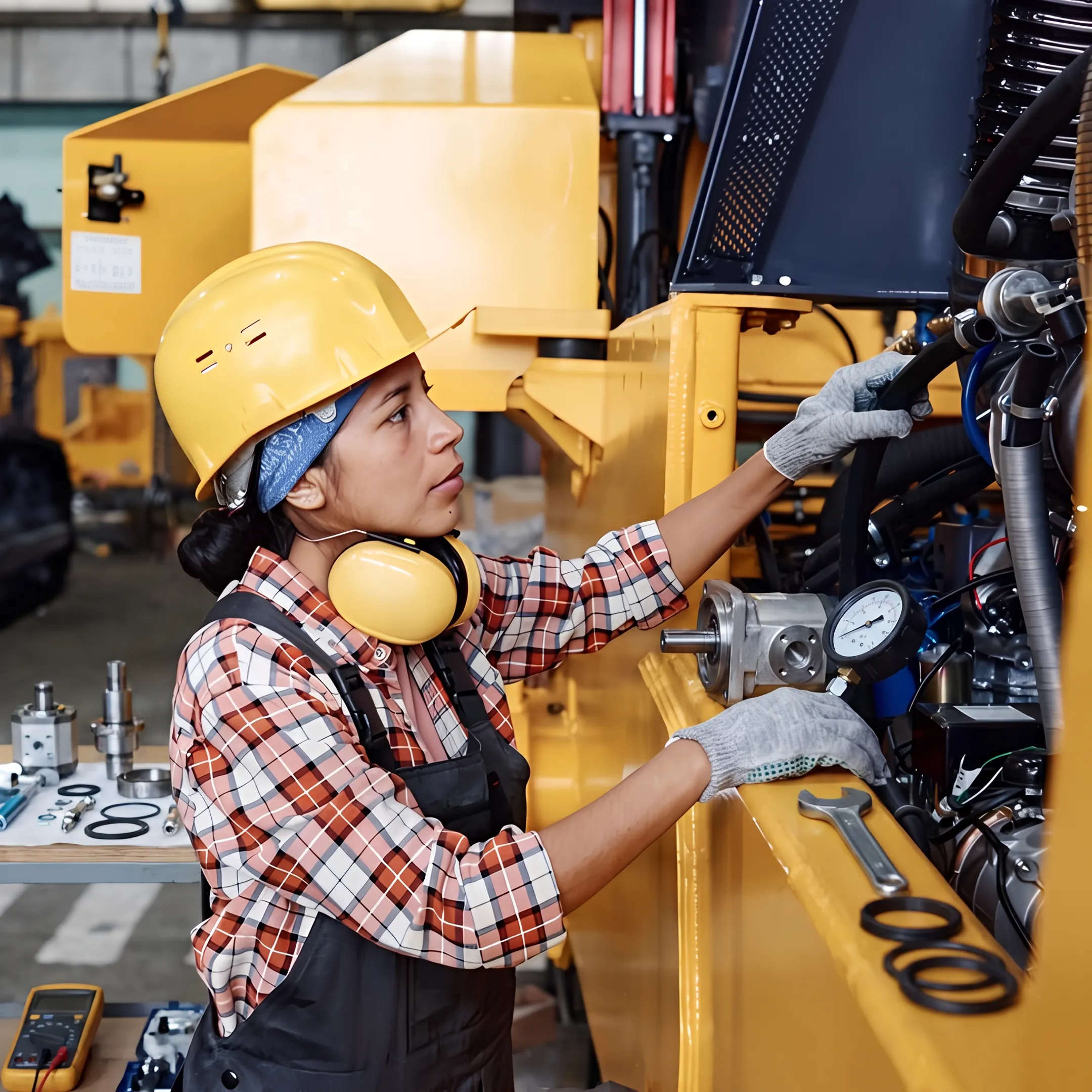 Technician repairing hydraulic components on construction equipment