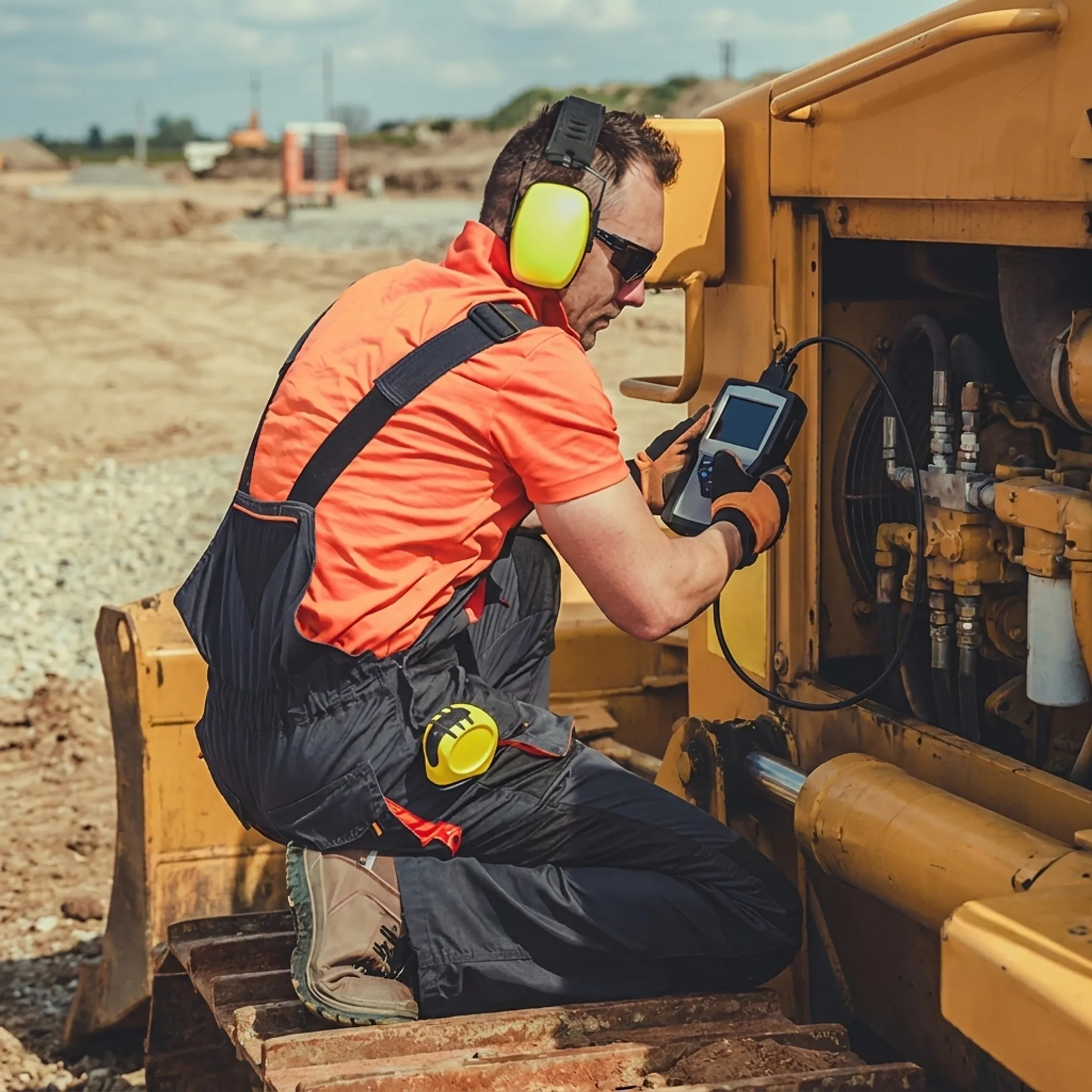 Technician diagnosing a heavy equipment hydraulic system