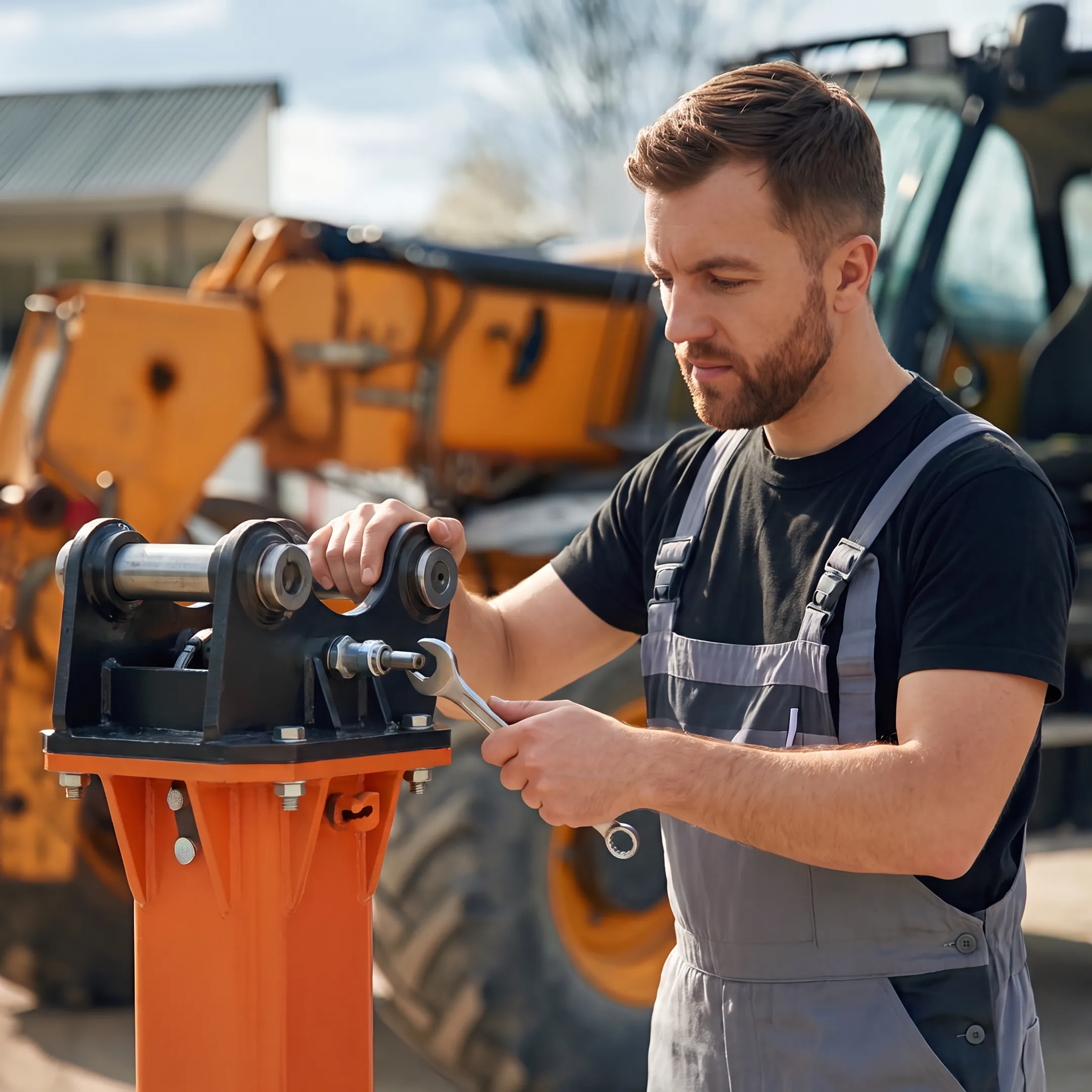 Technician repairing a hydraulic breaker with diagnostic equipment