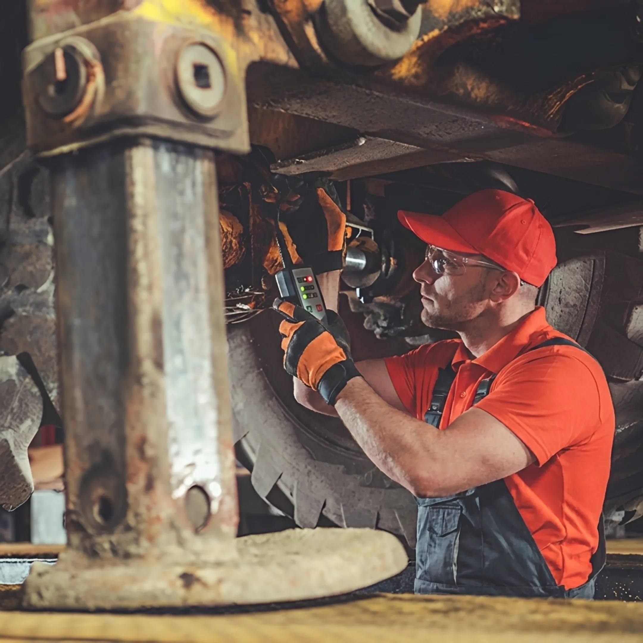 Mobile technician diagnosing heavy equipment hydraulics