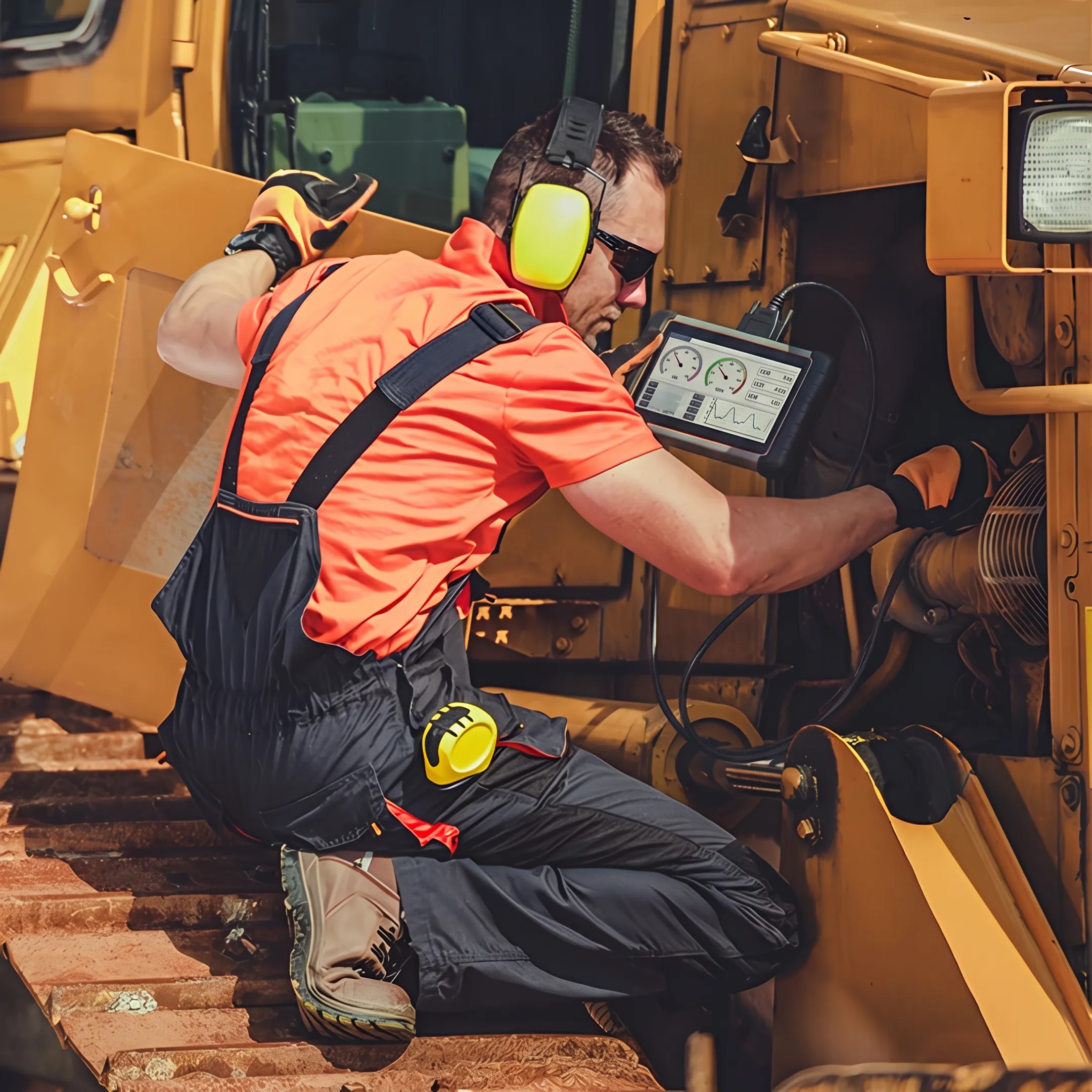 Technician diagnosing an engine beside construction equipment
