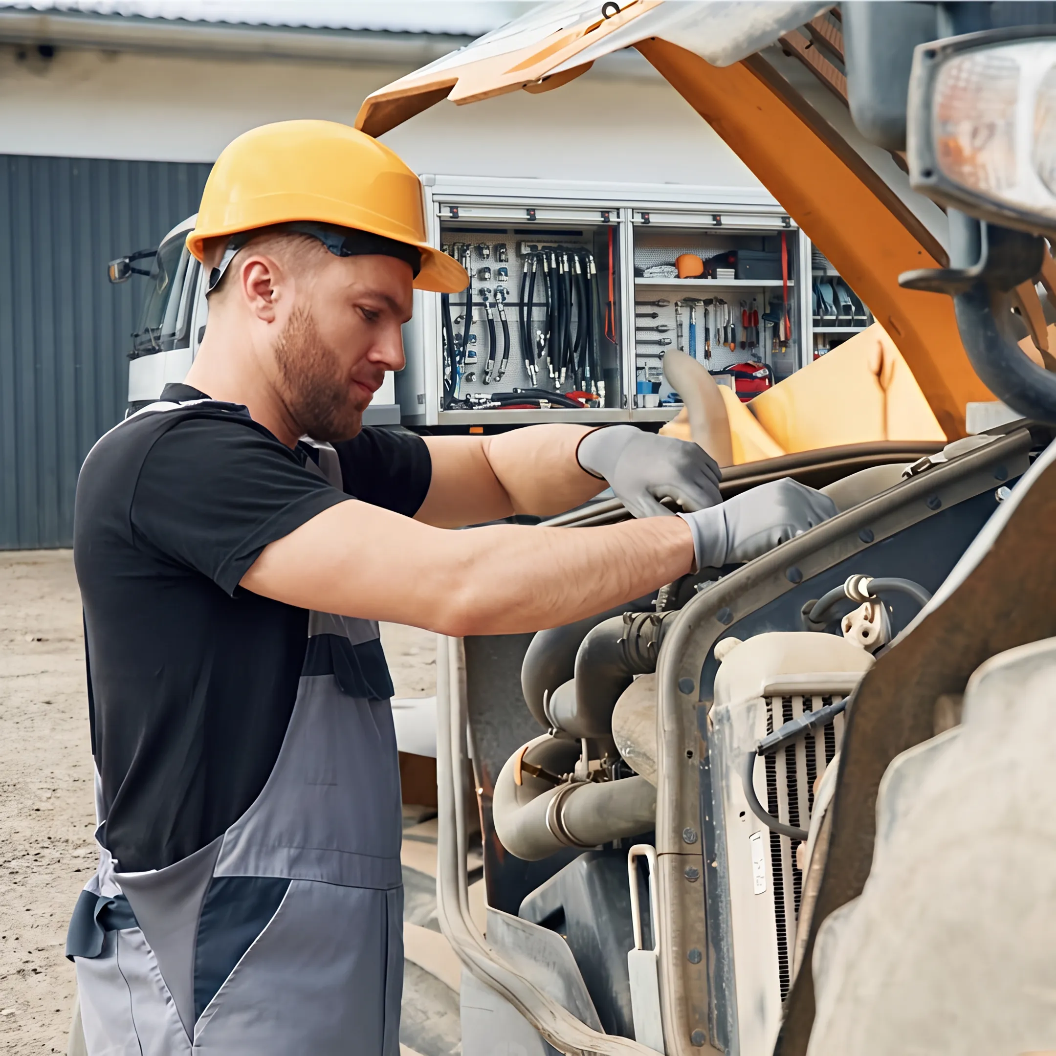 Mobile technician inspecting hydraulic equipment at a construction site