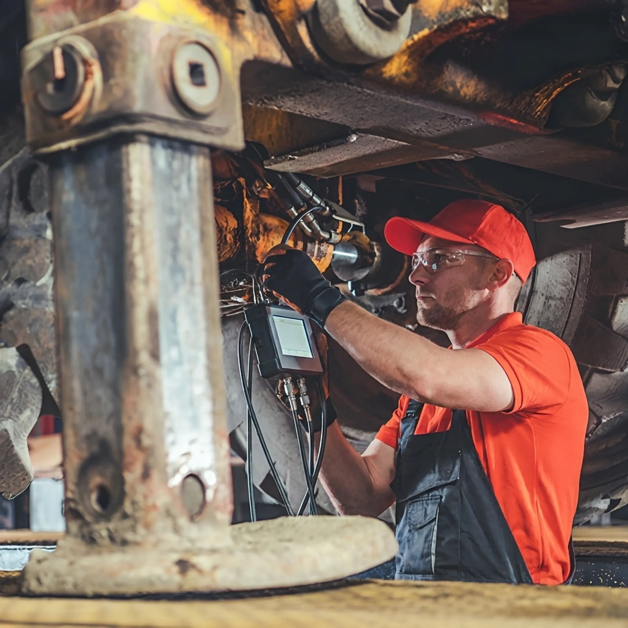 Technician testing a construction tool with professional diagnostic equipment