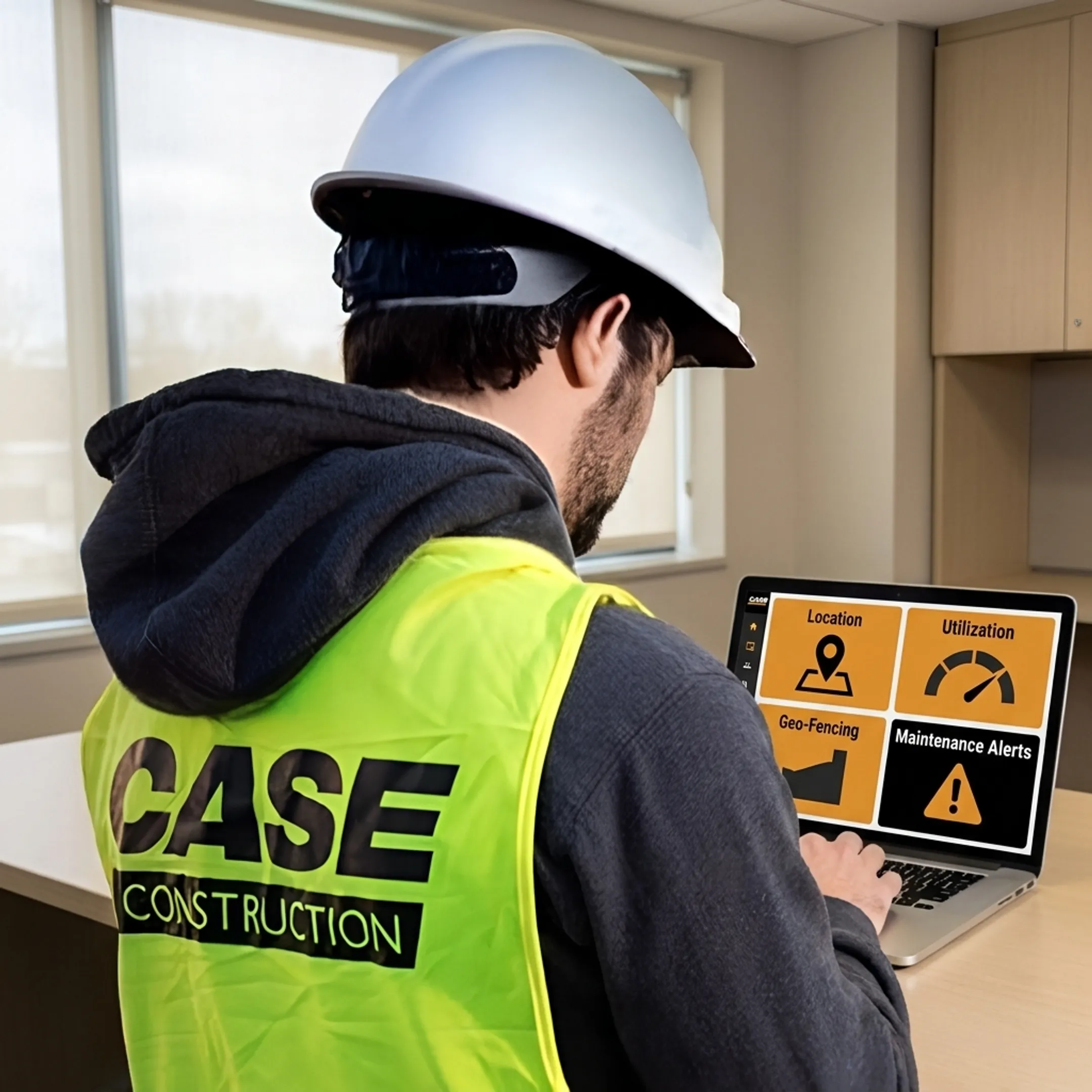 Fleet manager reviewing connected CASE equipment data and maintenance alerts on a laptop