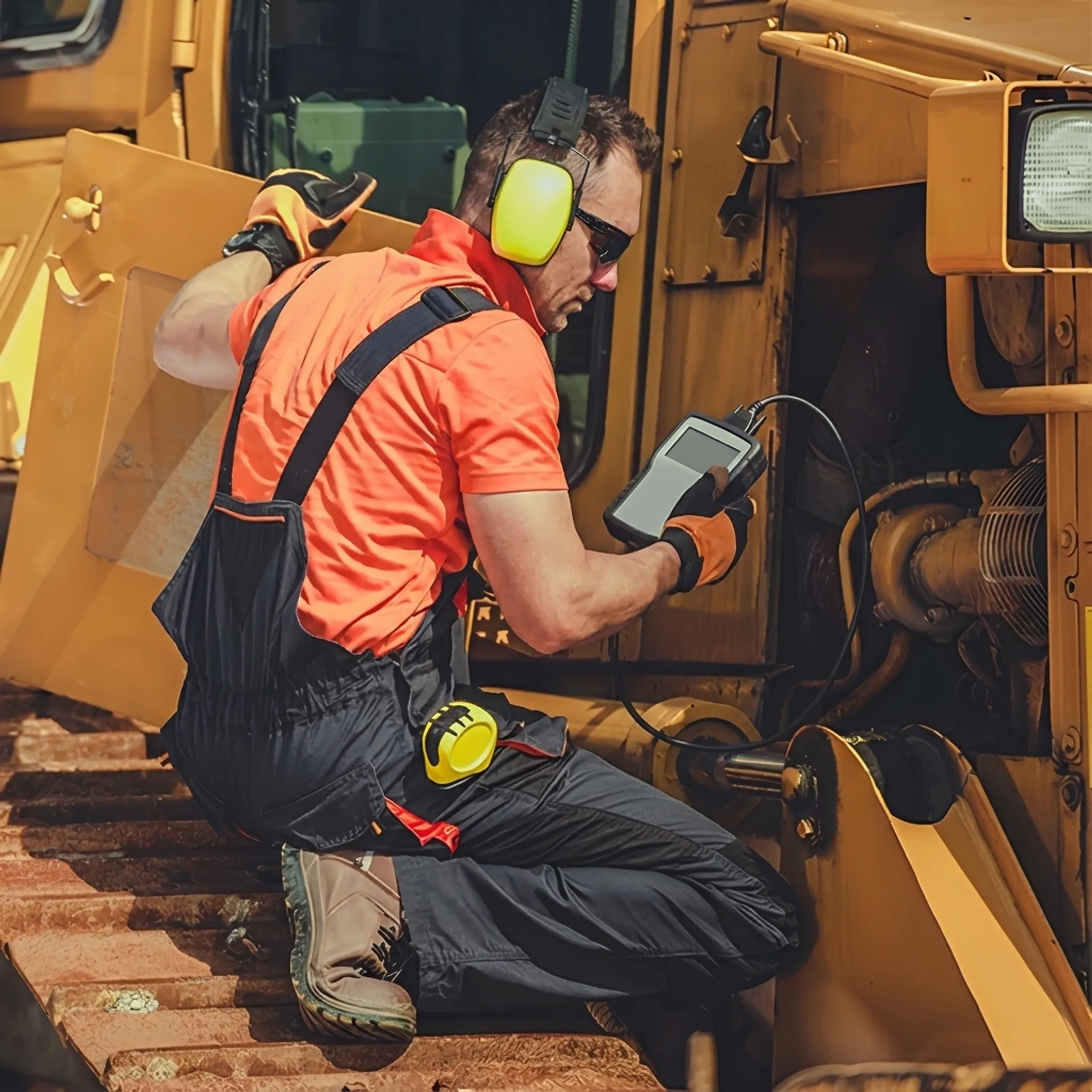 Technician diagnosing a construction machine engine
