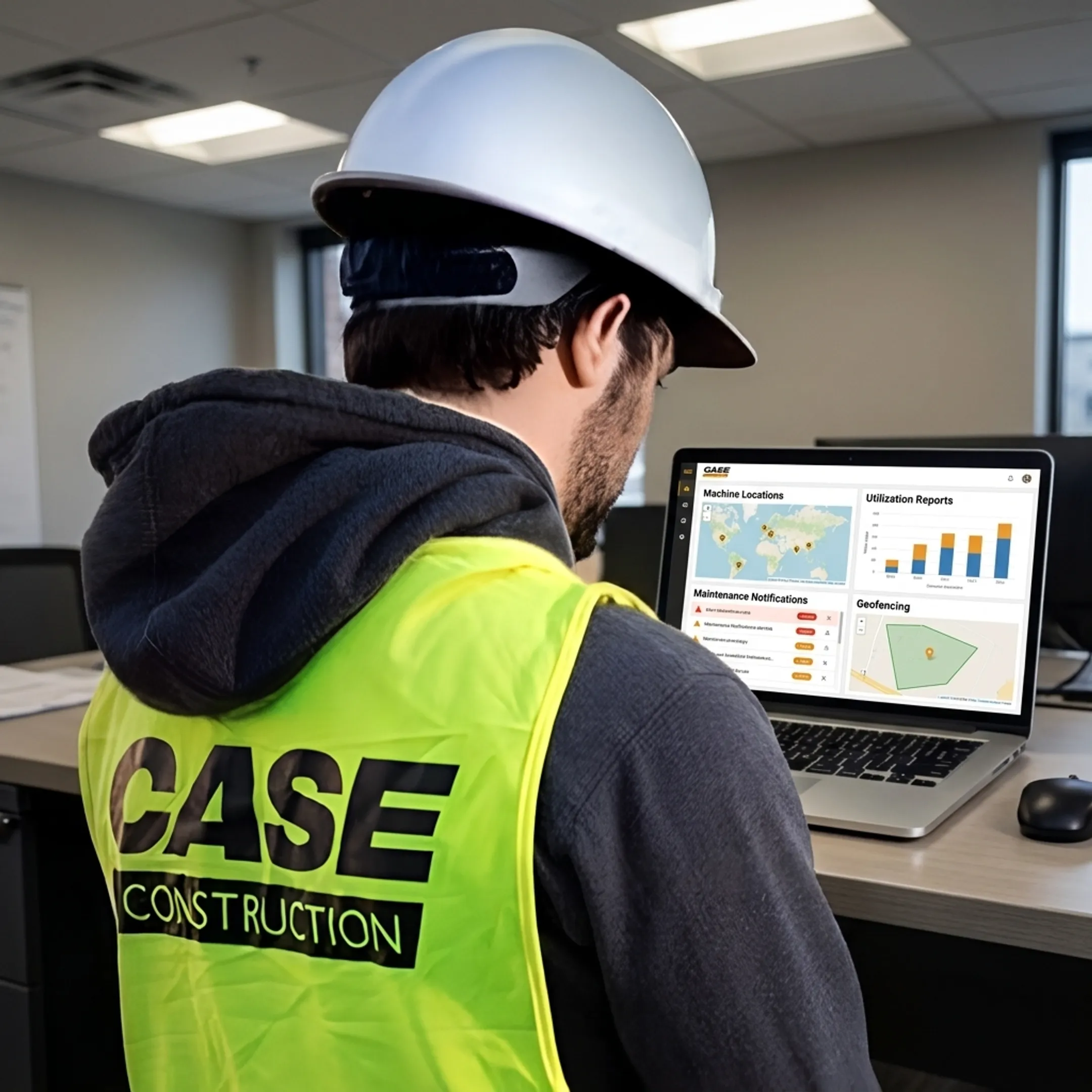 Fleet manager viewing construction equipment telematics on a laptop