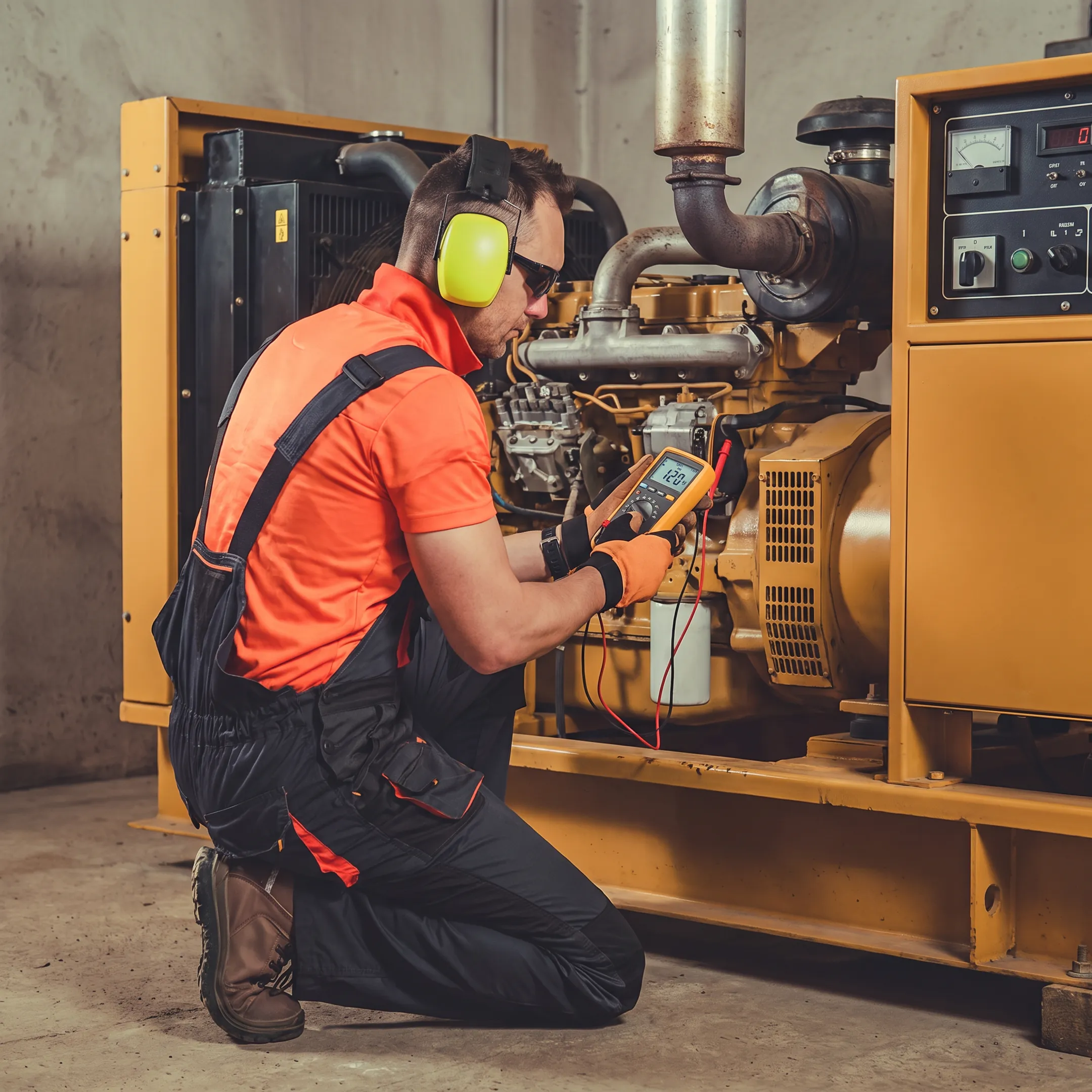 Technician testing an industrial generator control panel