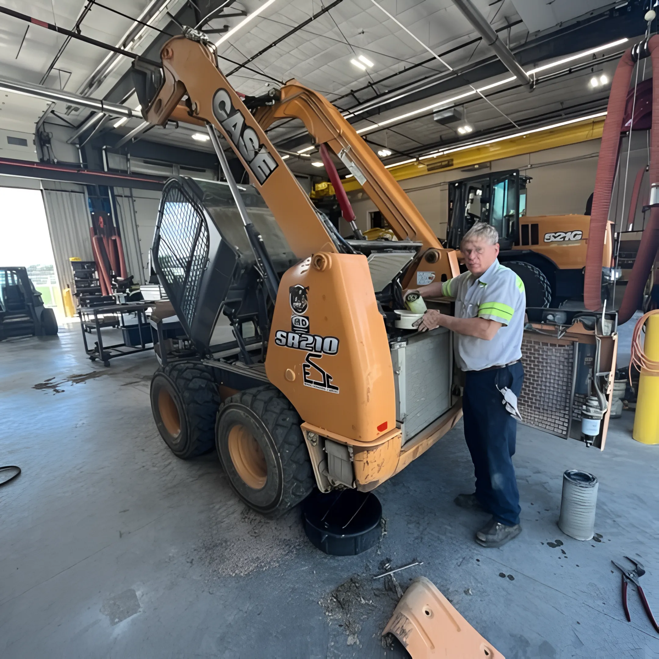 Technician diagnosing a diesel engine fuel system