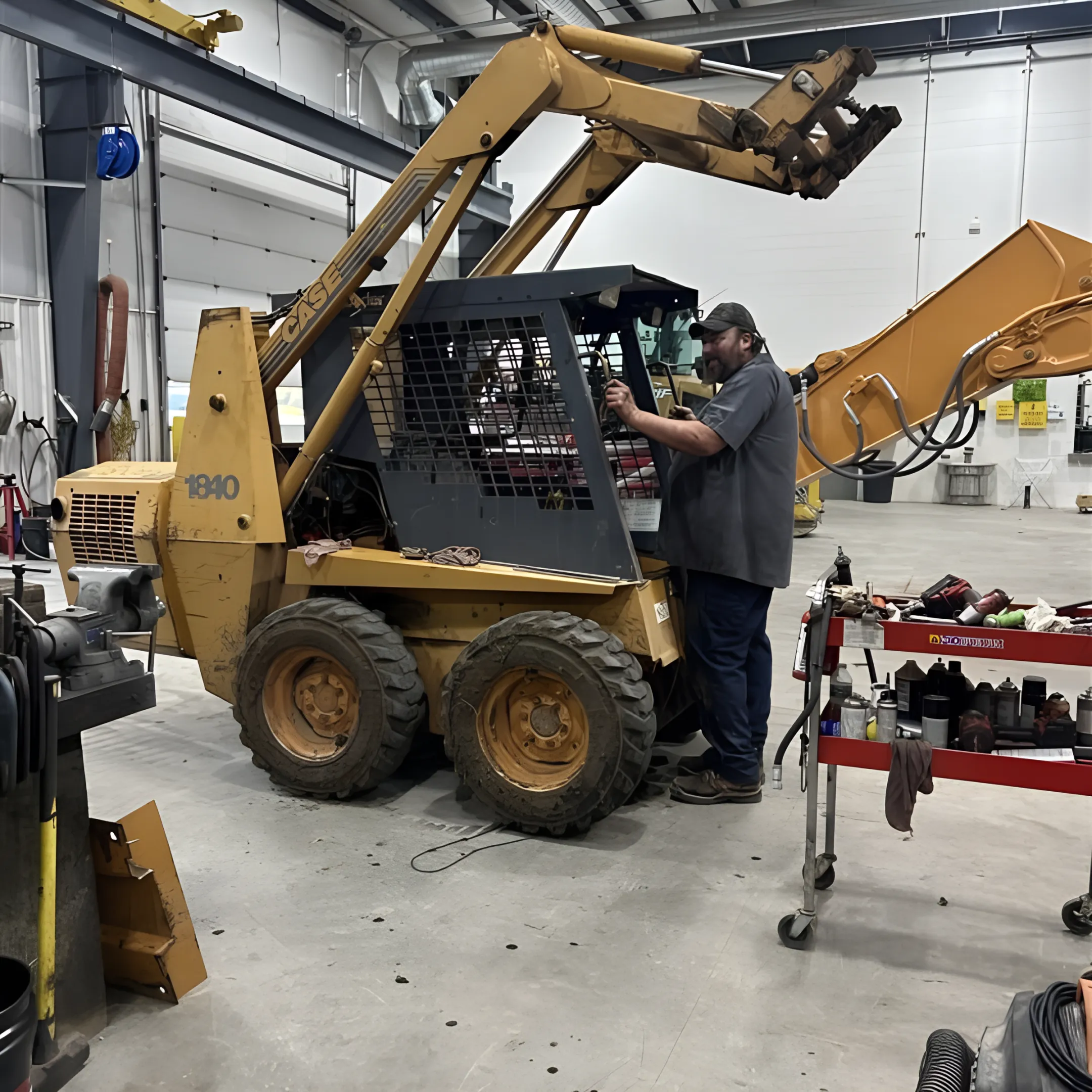 Technician inspecting a hydraulic cylinder and hose assembly