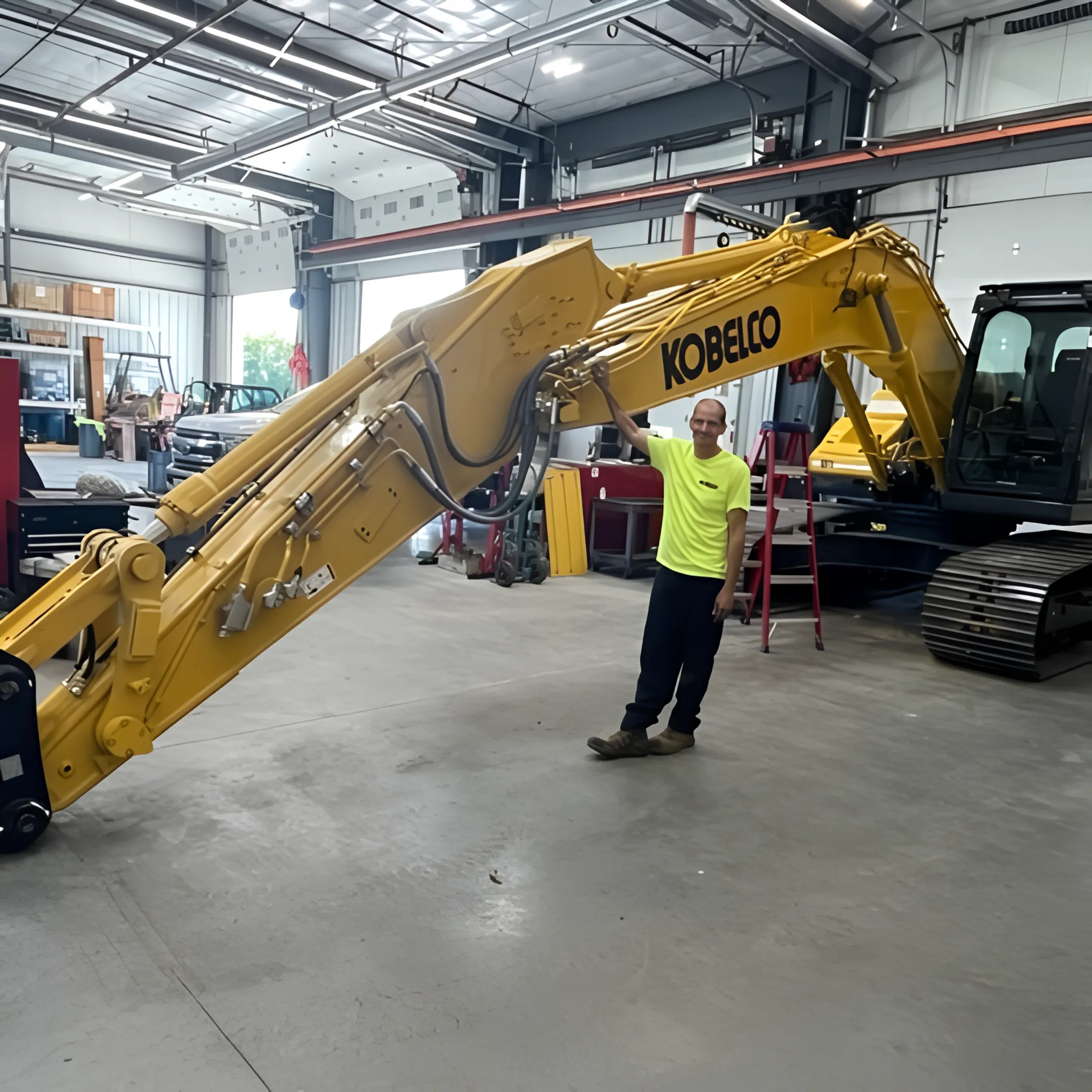 Technician diagnosing hydraulic equipment at a construction site