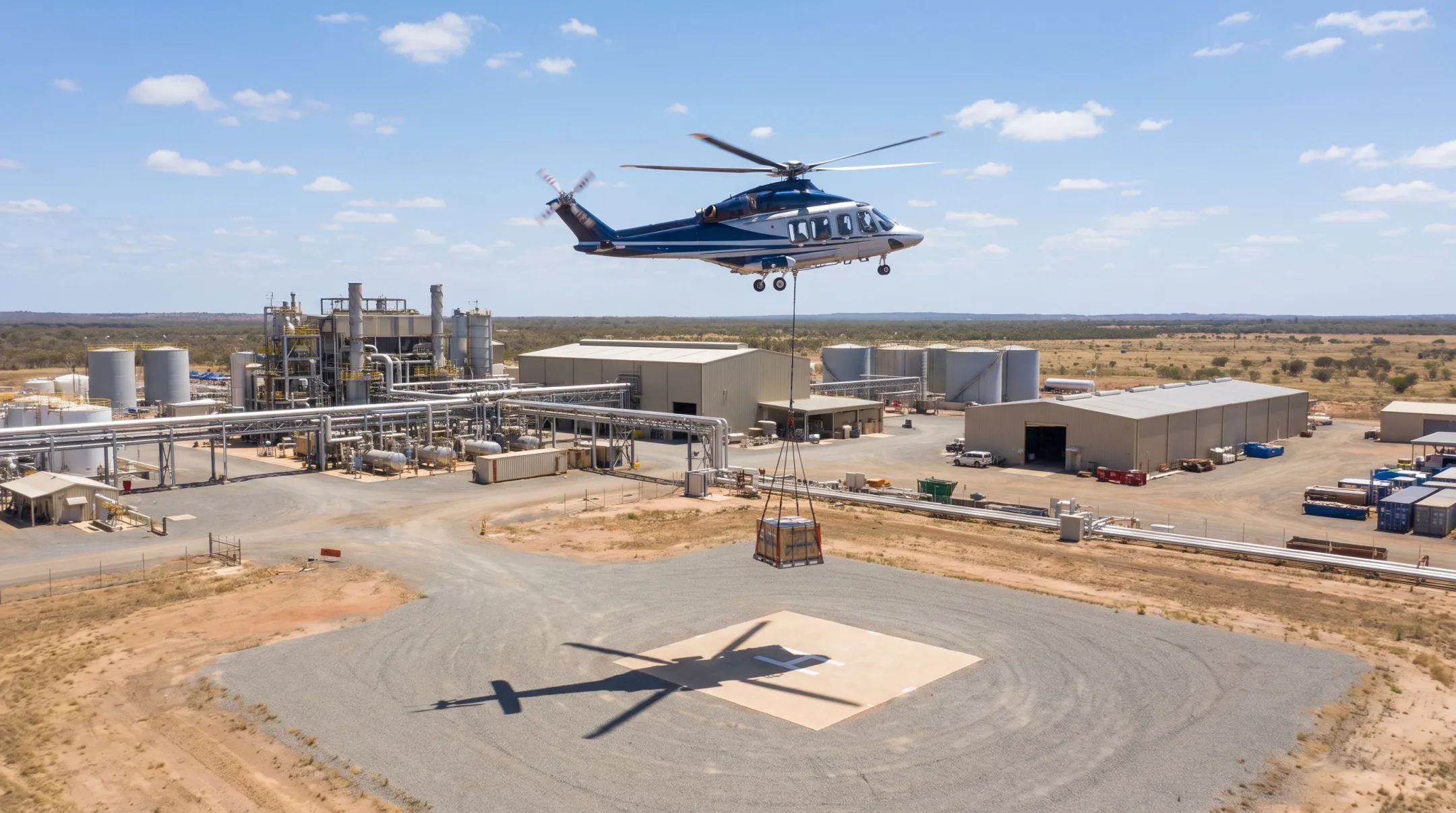 Helicopter landing at remote industrial facility without runway access