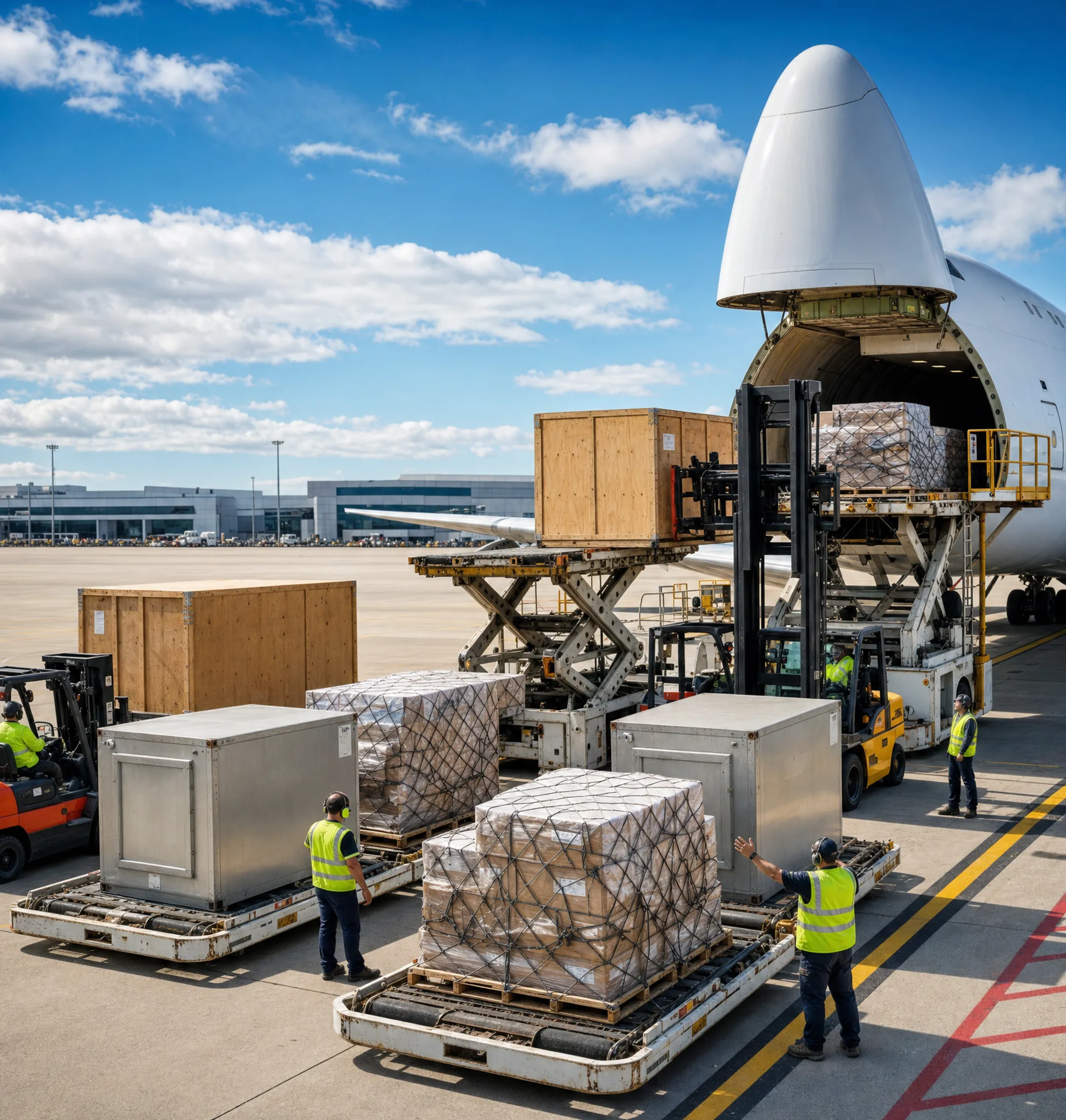 Cargo aircraft being loaded on tarmac for charter freight delivery