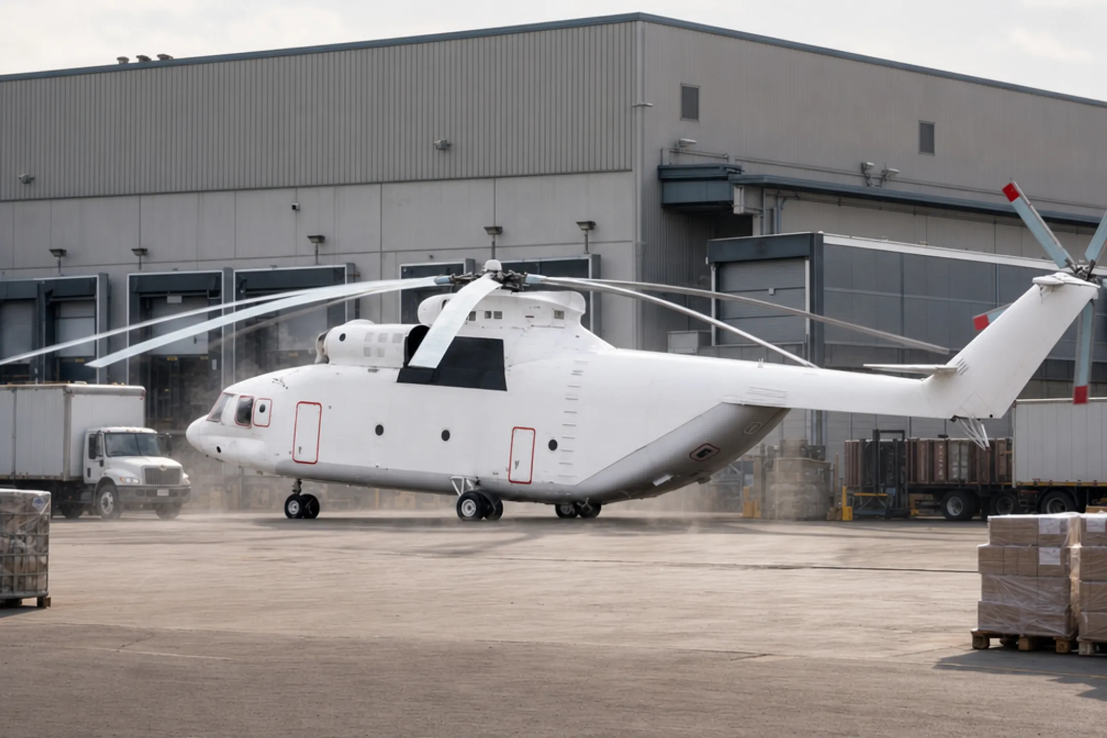 Twin-engine helicopter landing at industrial facility for cargo delivery