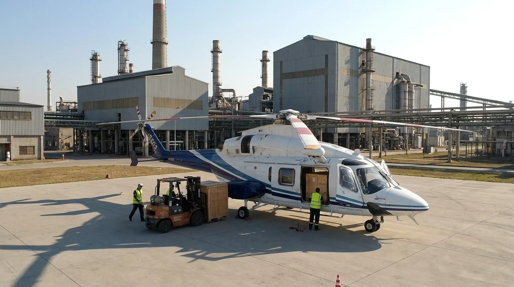 McMahon helicopter fleet loading cargo at industrial facility without runway