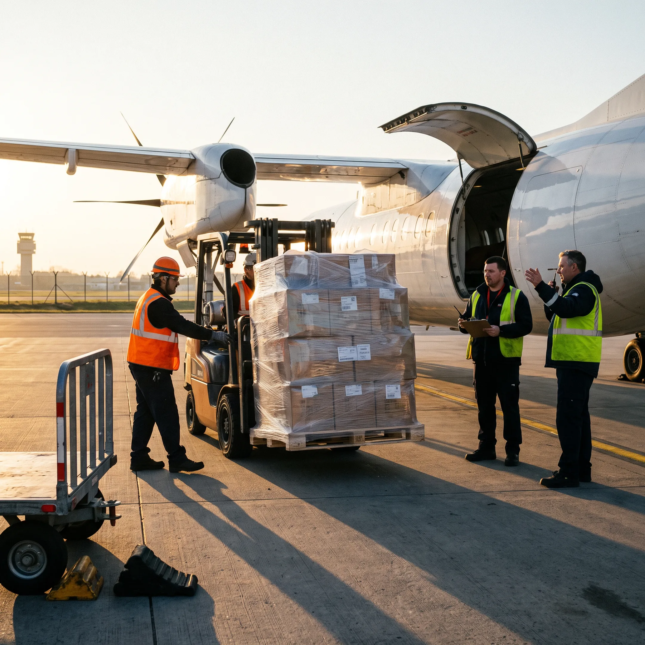 Palletized freight being loaded onto a cargo aircraft