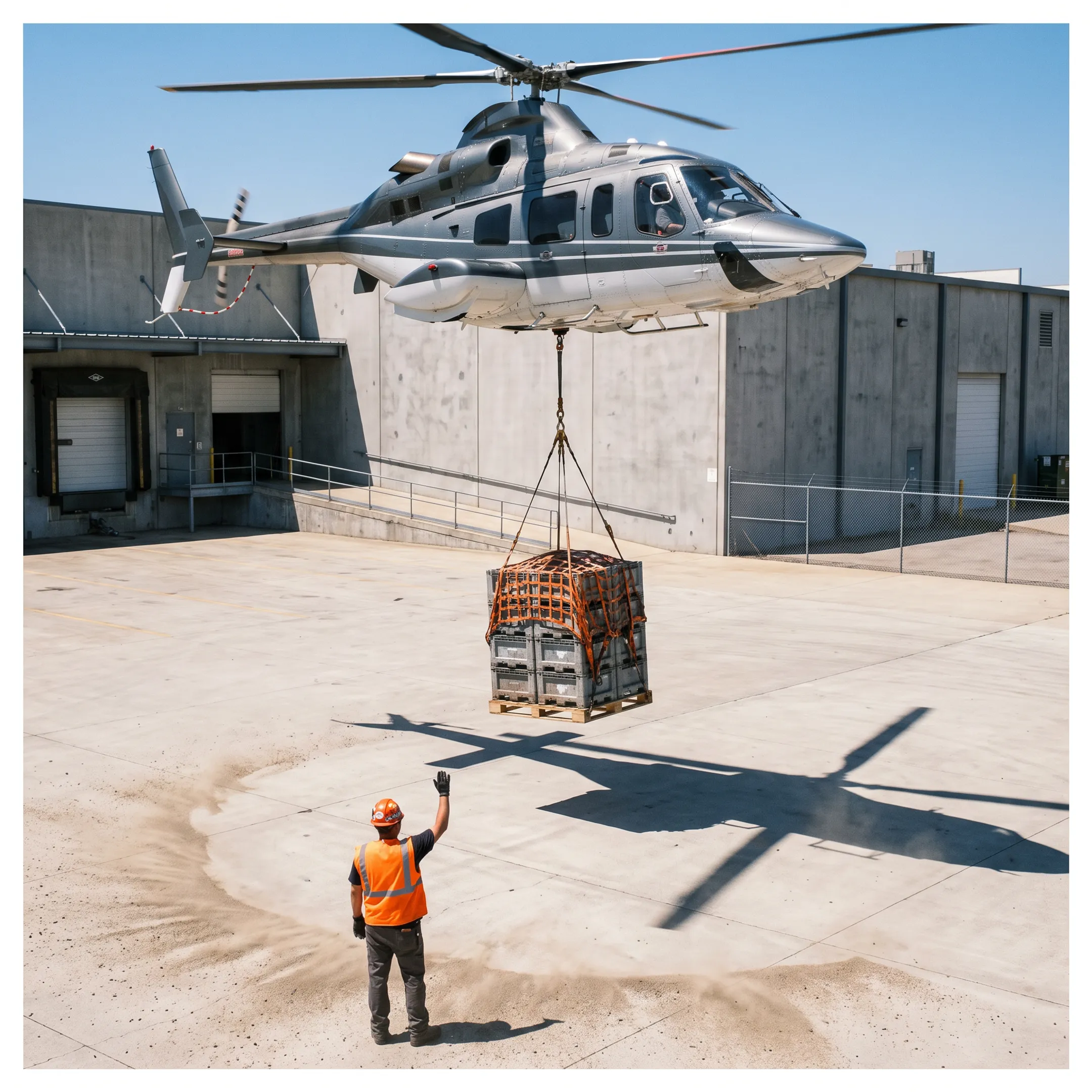 Helicopter lifting palletized industrial cargo