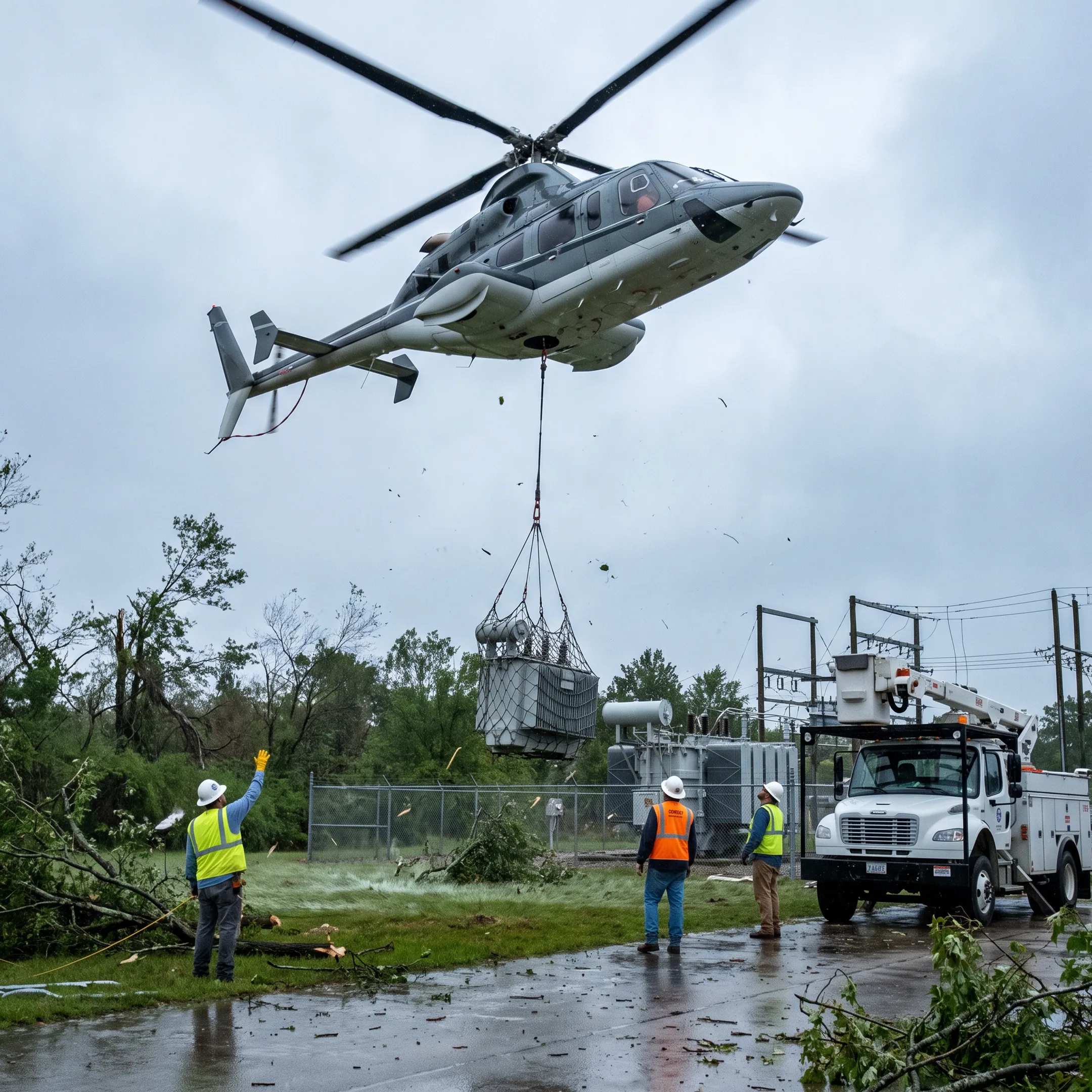 Helicopter delivering emergency utility equipment
