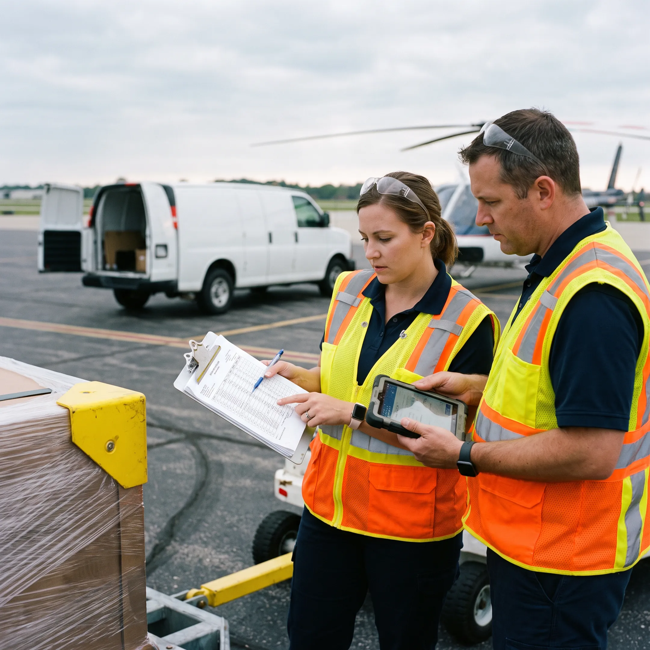 Logistics team coordinating urgent air cargo shipment and ground delivery