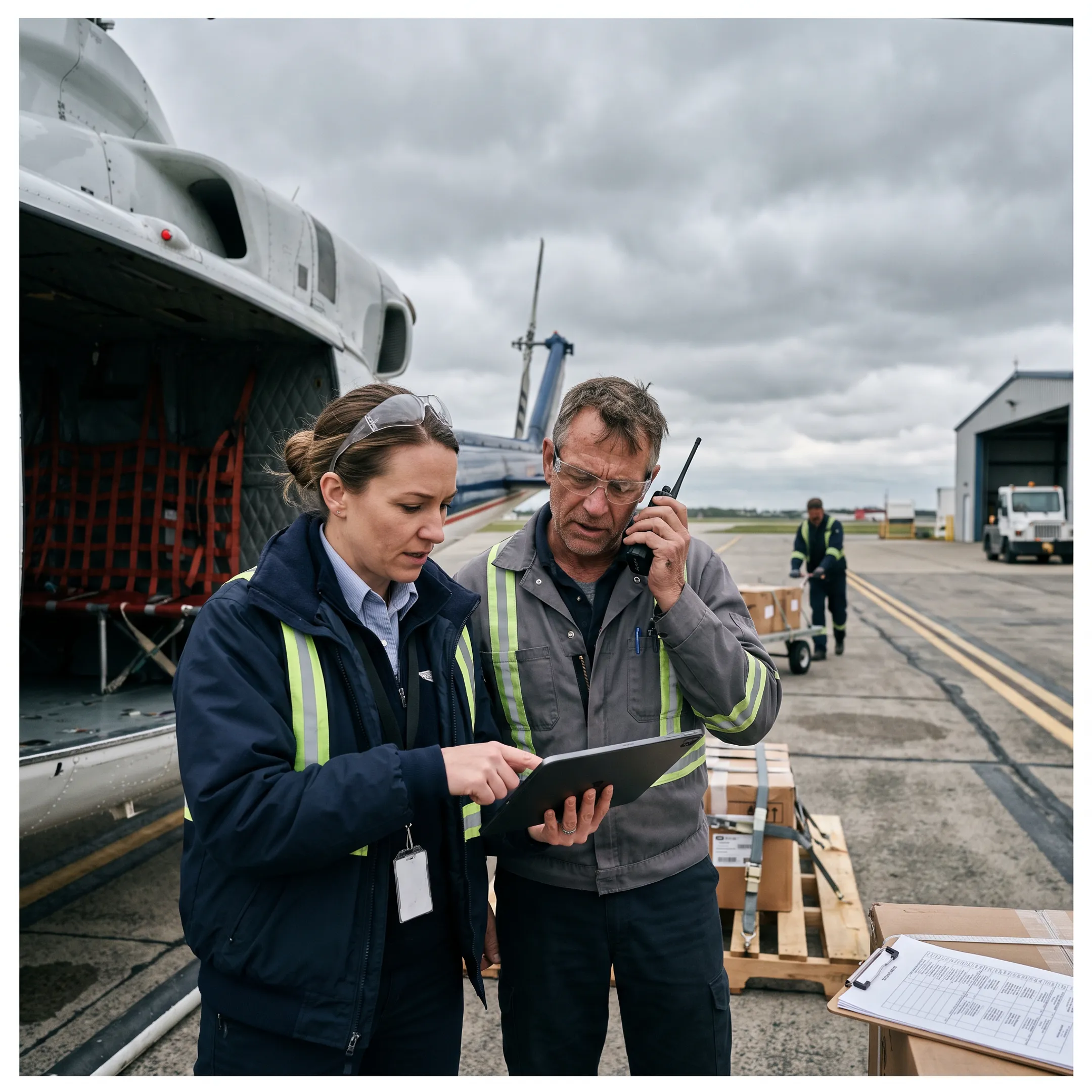 Operations team coordinating air cargo charter logistics