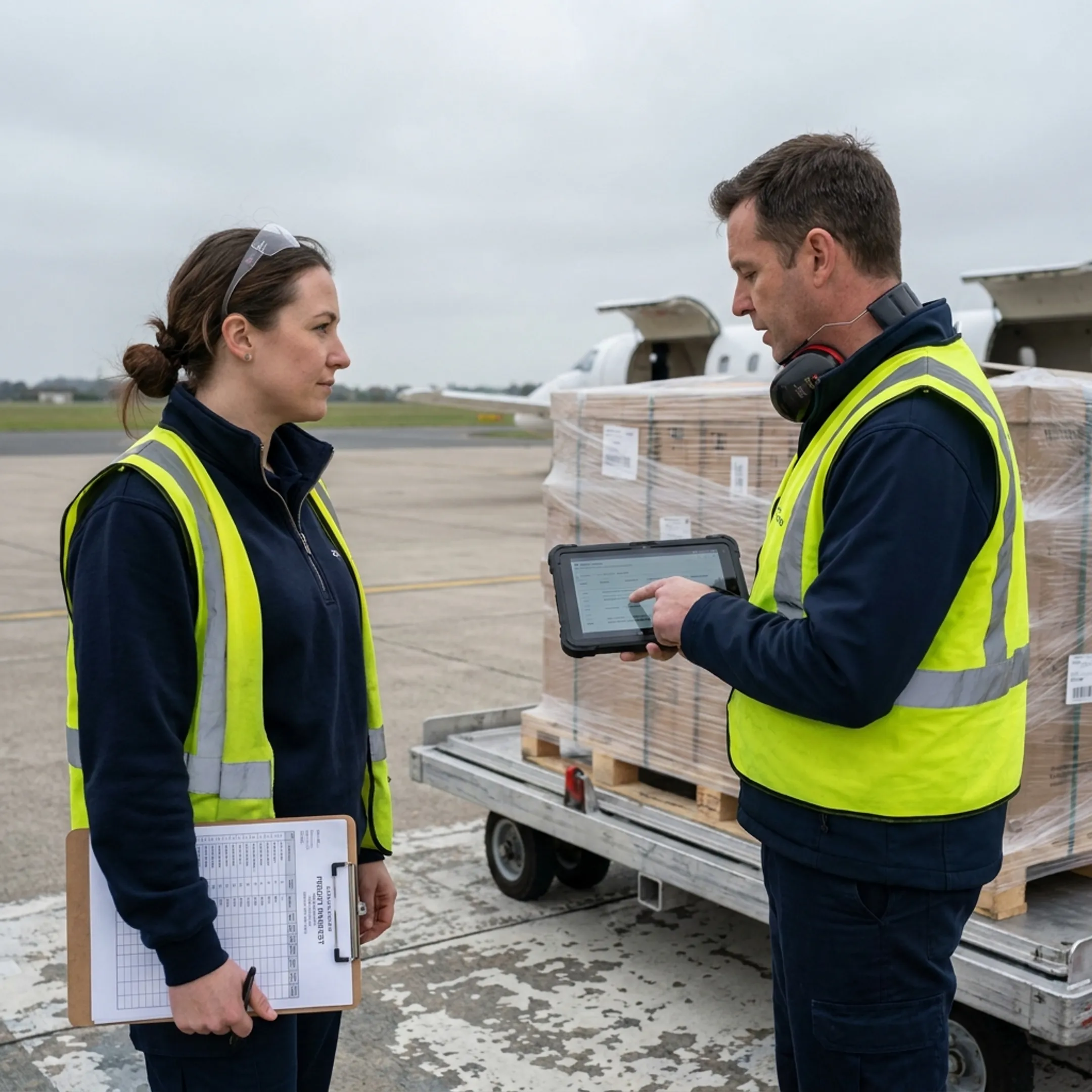 Operations team coordinating large-volume air freight shipment
