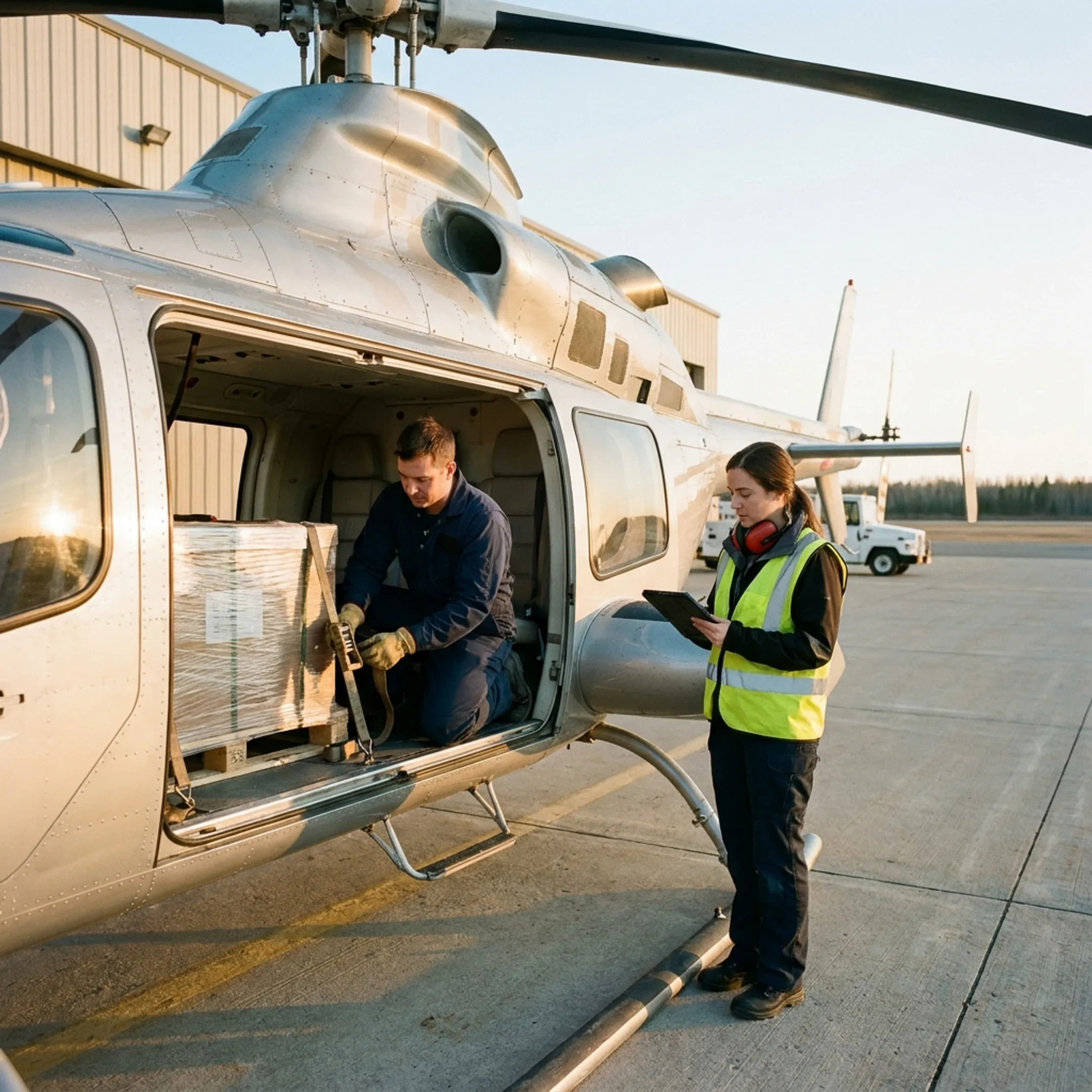 Logistics team preparing helicopter cargo shipment