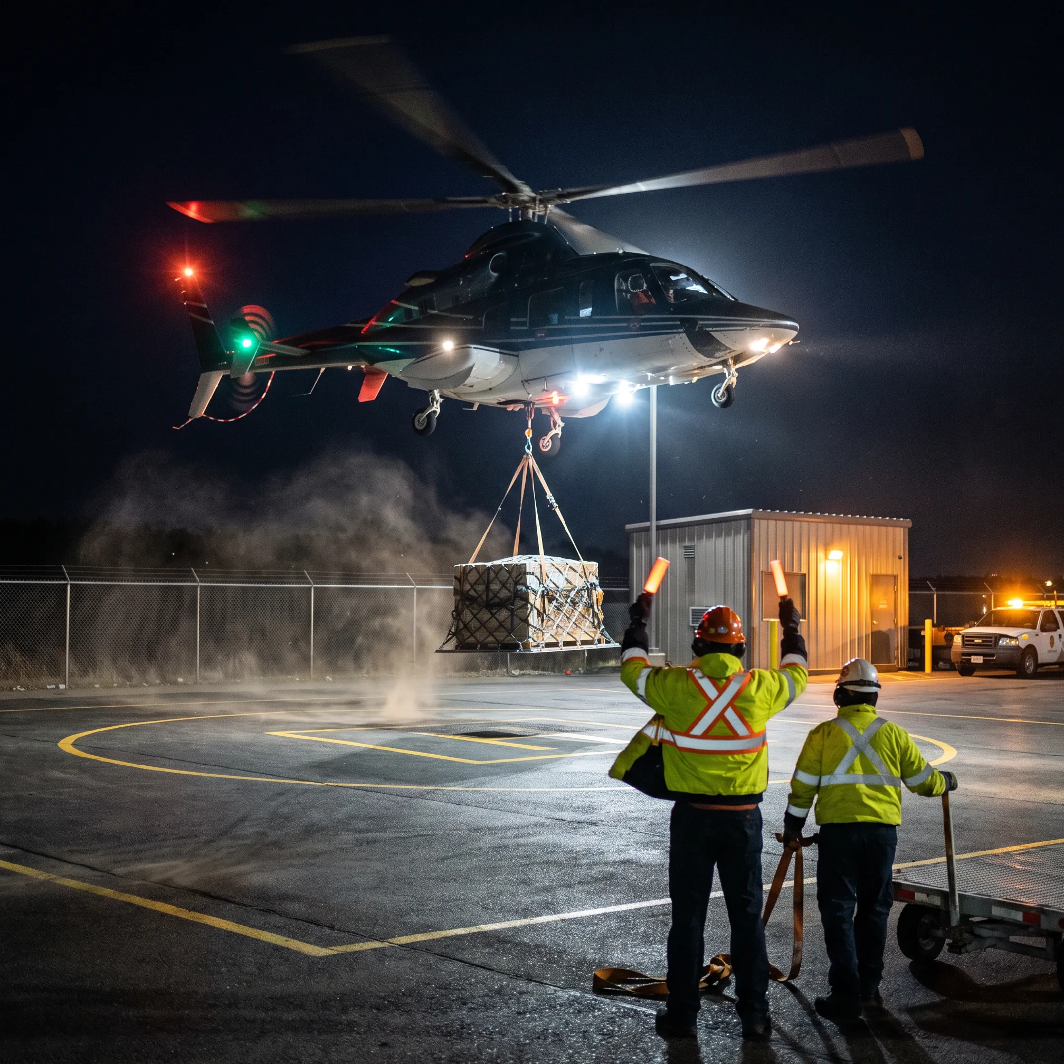 Helicopter carrying cargo during an after-hours delivery operation
