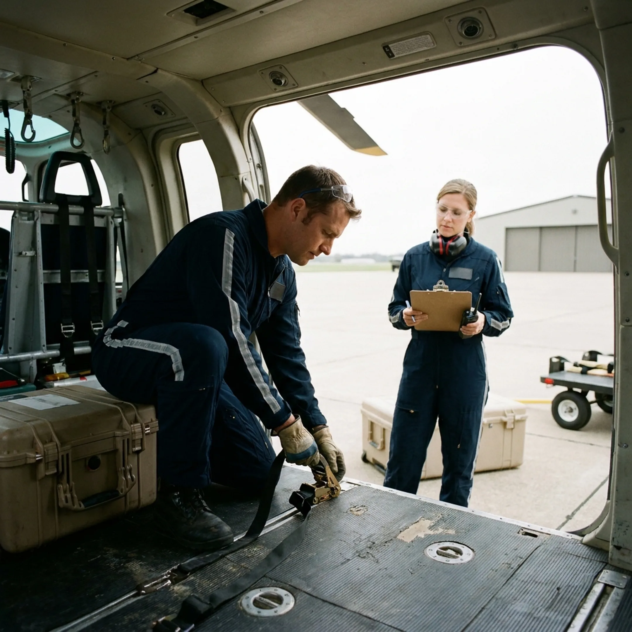 Logistics team loading cargo into a helicopter