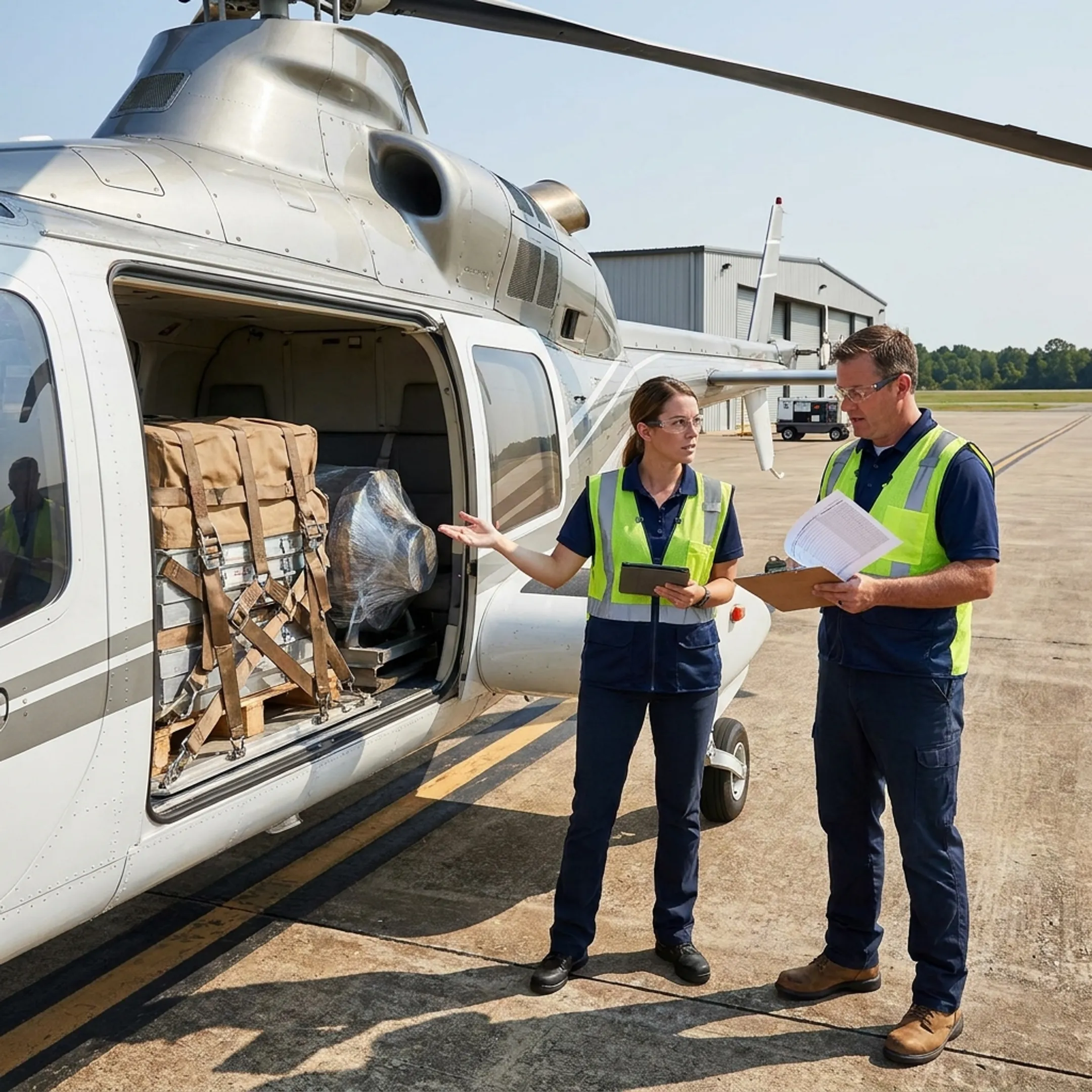Logistics team coordinating helicopter cargo delivery