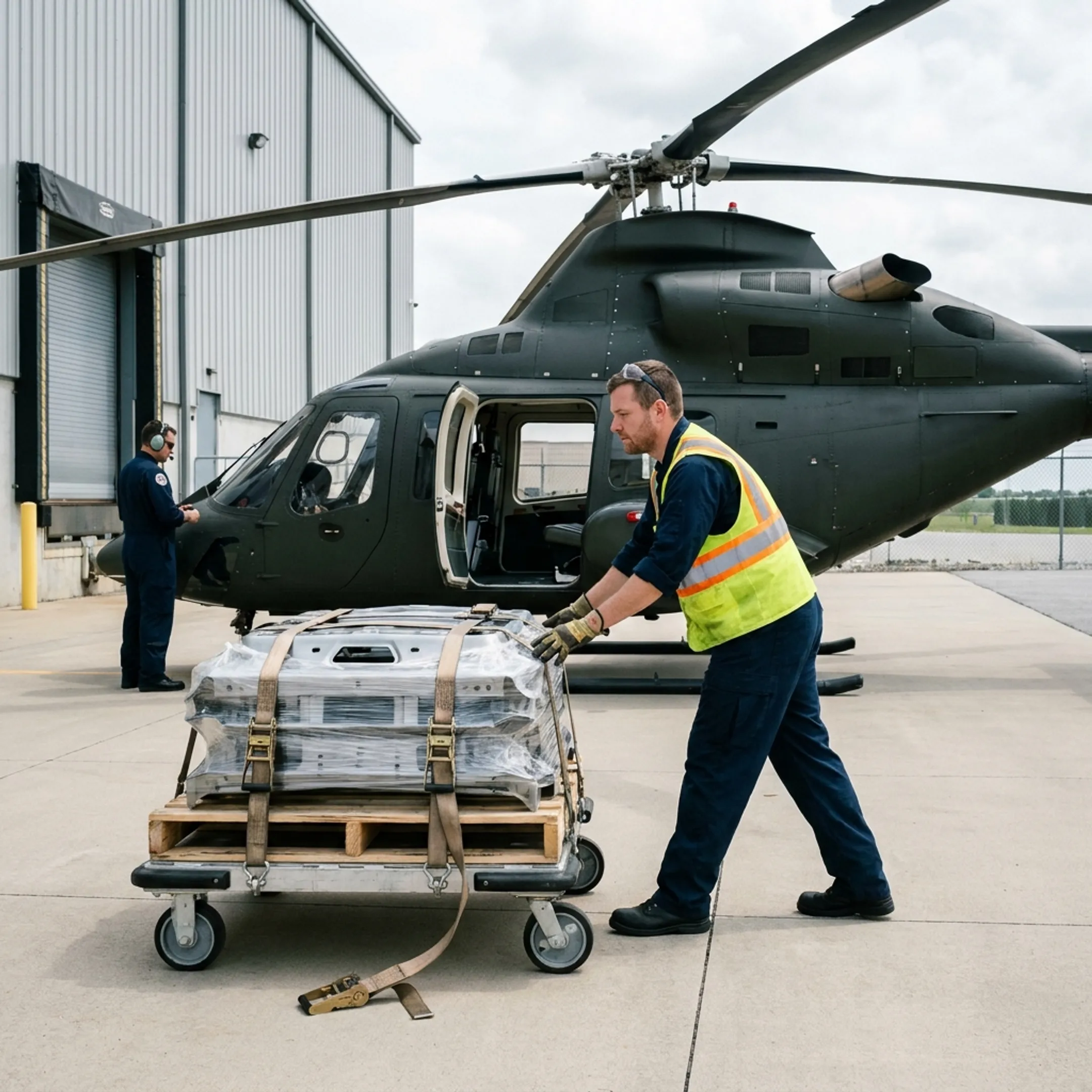 Helicopter loading time-critical cargo for plant-to-plant delivery