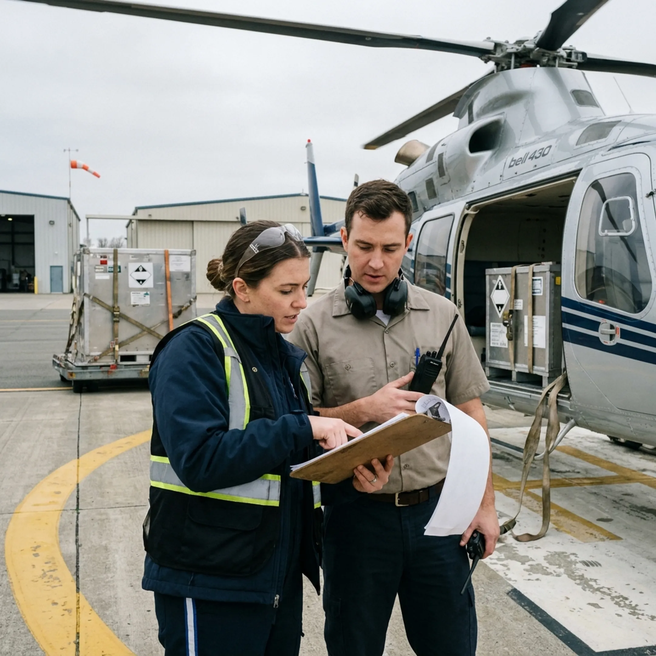 Logistics team coordinating helicopter cargo shipment