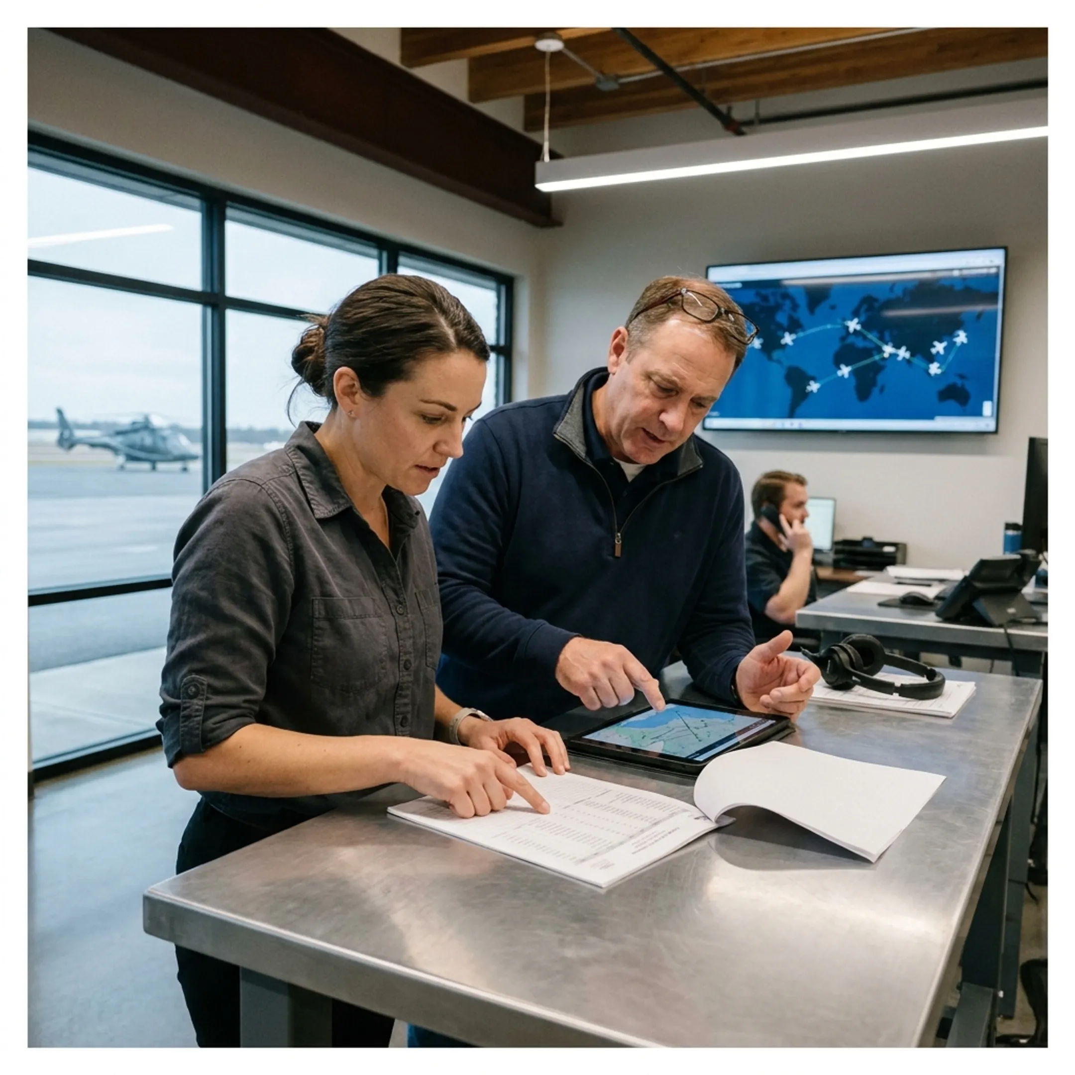 Logistics professionals coordinating urgent air cargo shipment