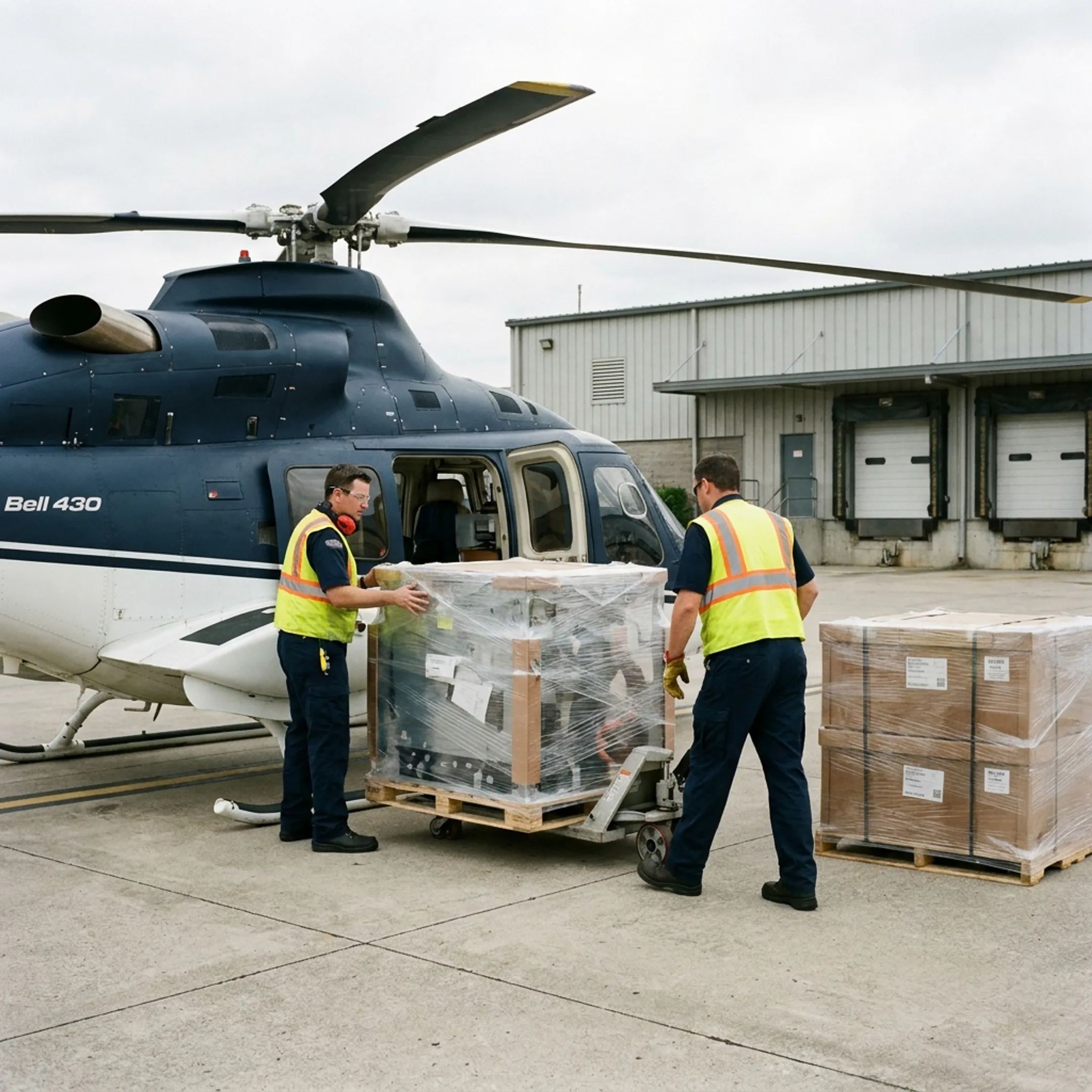 Helicopter cargo charter delivering freight to a manufacturing plant