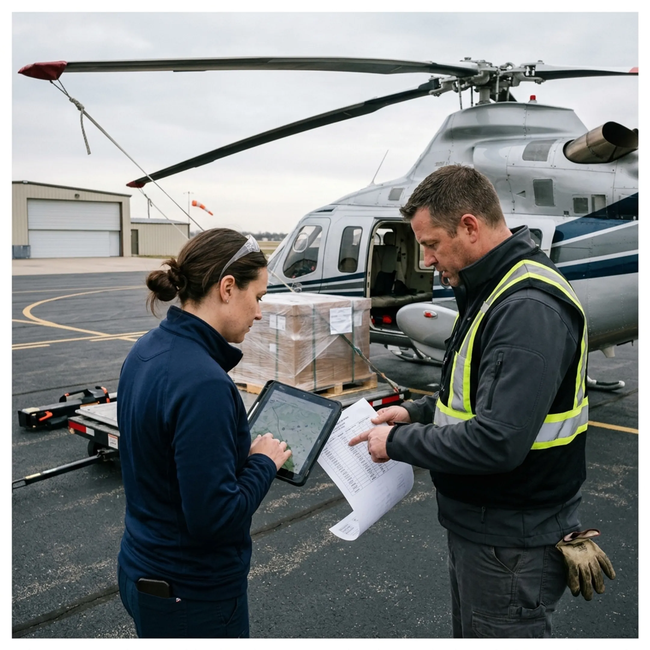 Logistics team planning helicopter cargo charter
