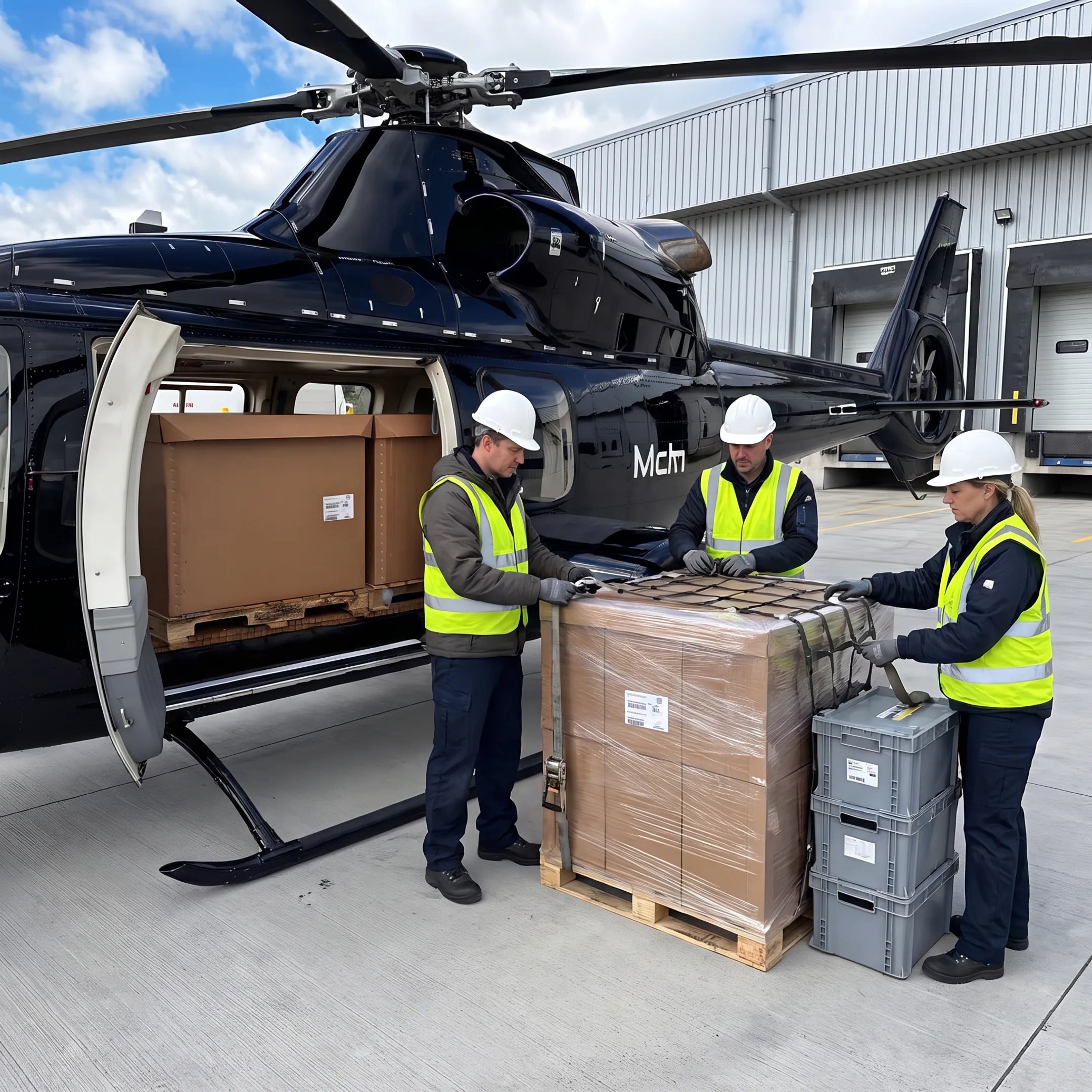 Logistics team preparing pallet cargo for helicopter