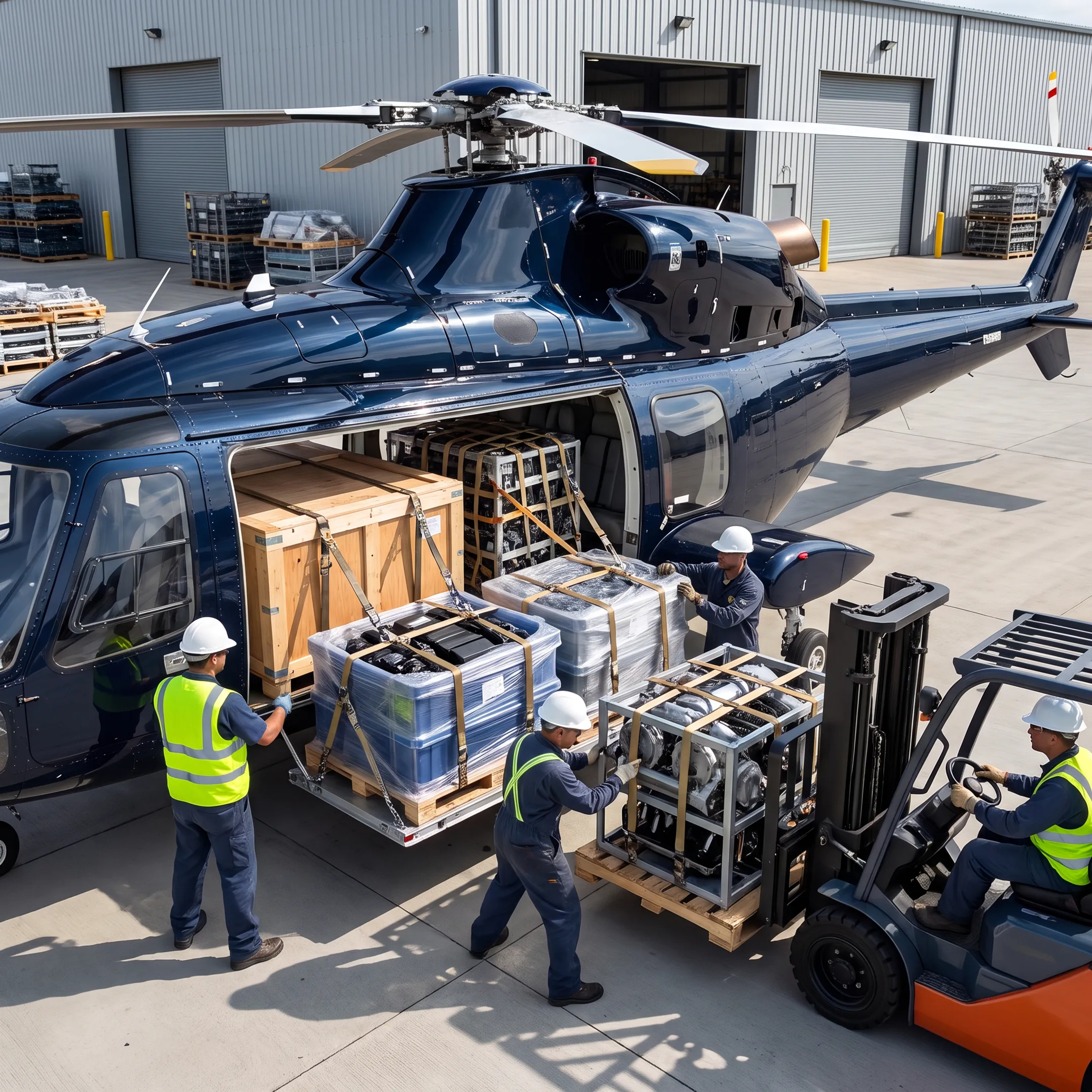 Helicopter loading urgent automotive cargo