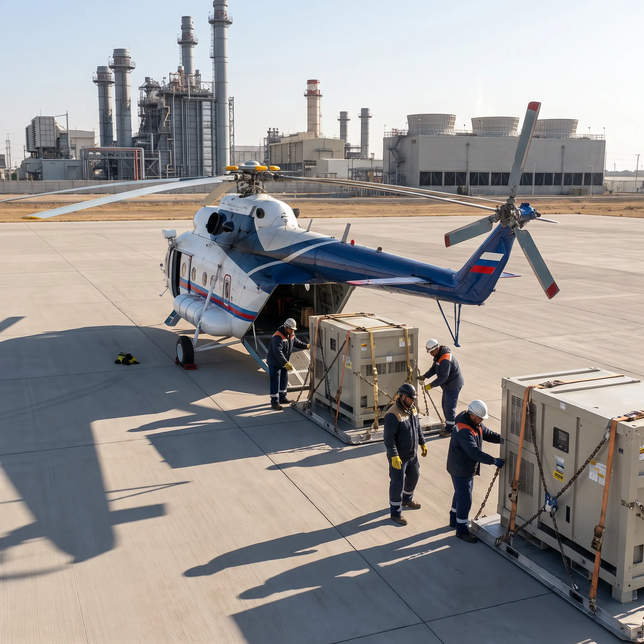 Helicopter loading urgent utility equipment