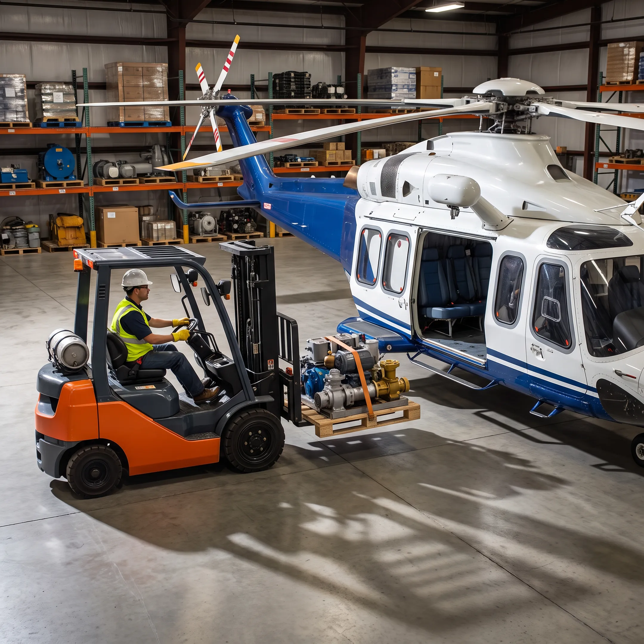 Forklift loading pallet freight into helicopter