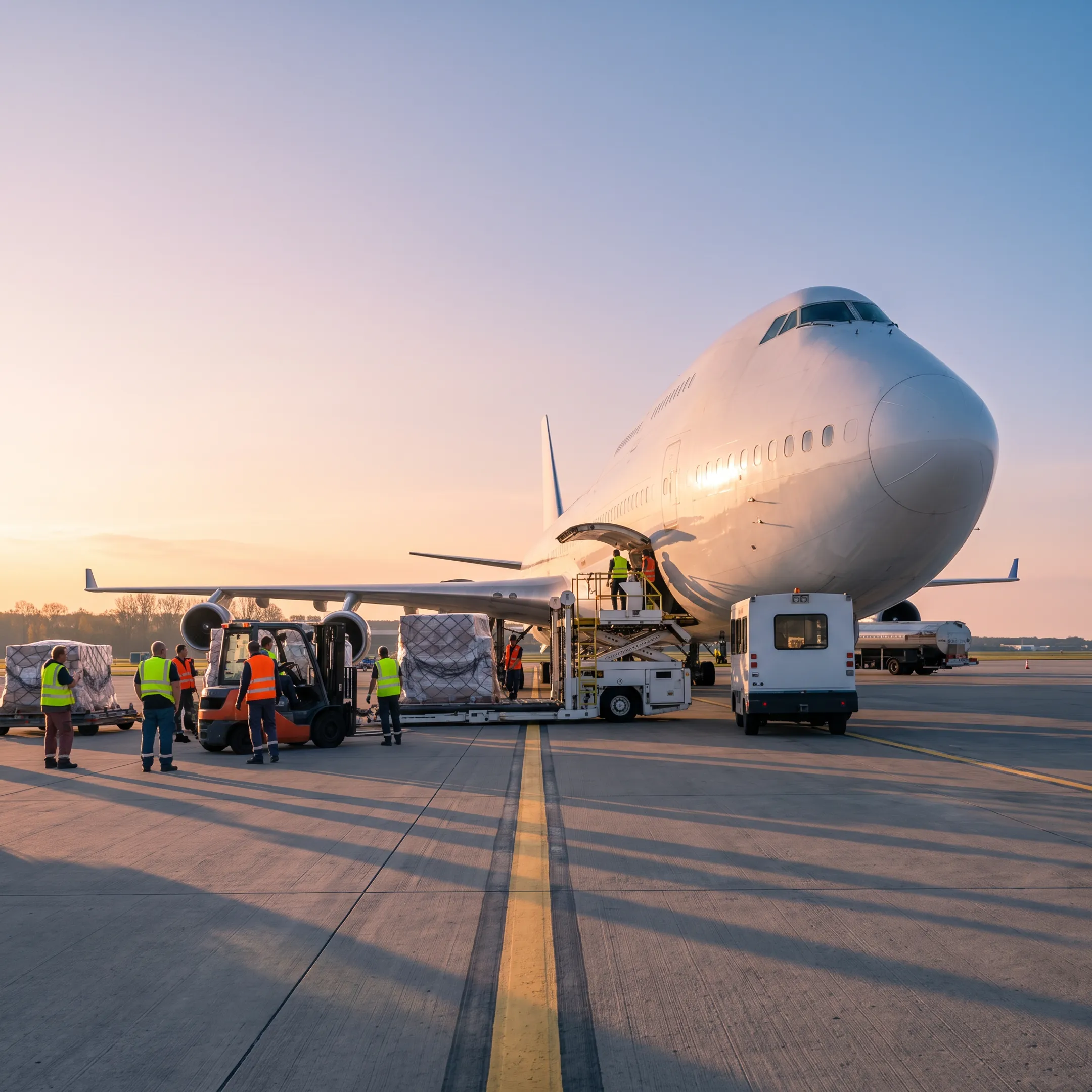 Air cargo charter aircraft being loaded with urgent freight