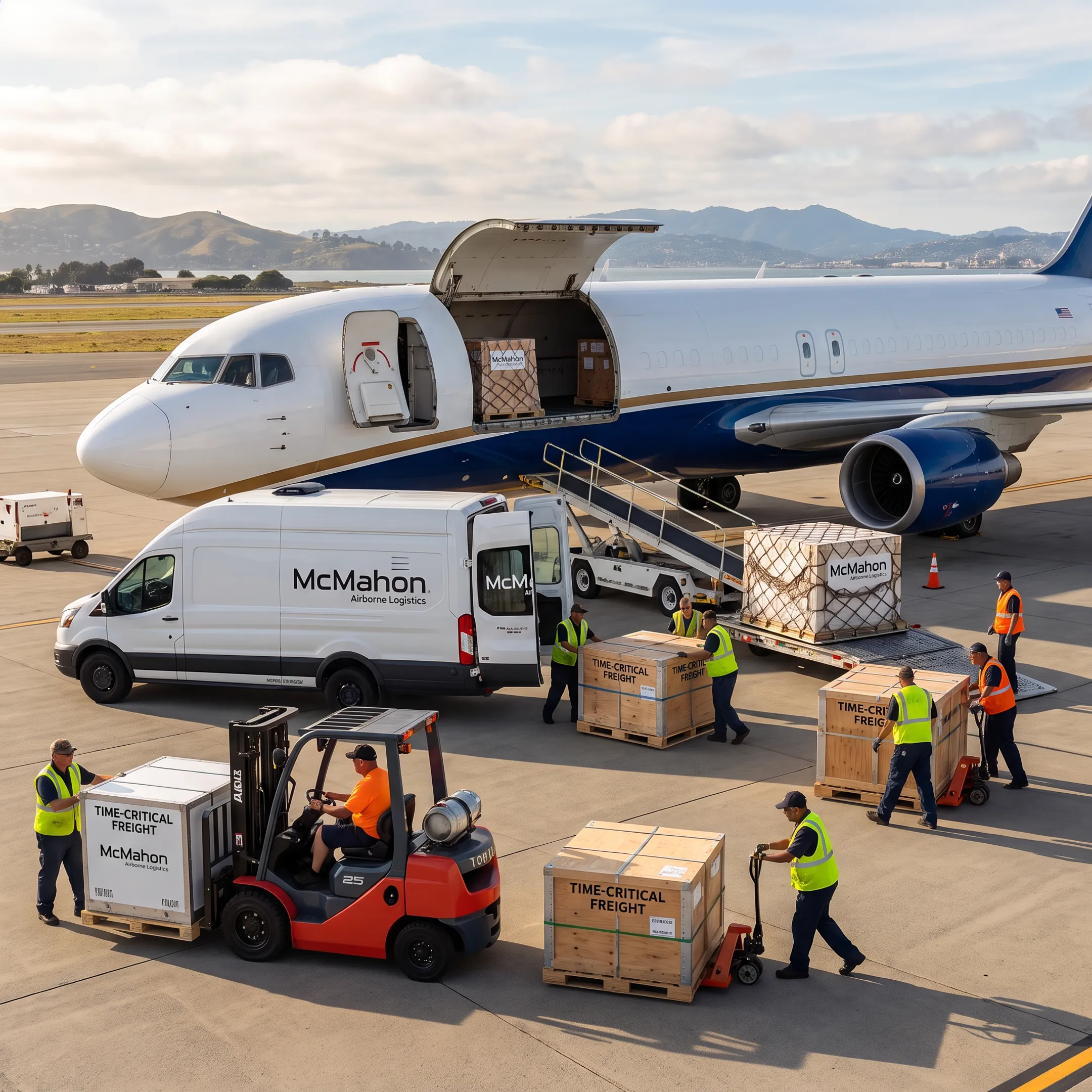 Air cargo charter aircraft preparing for freight loading