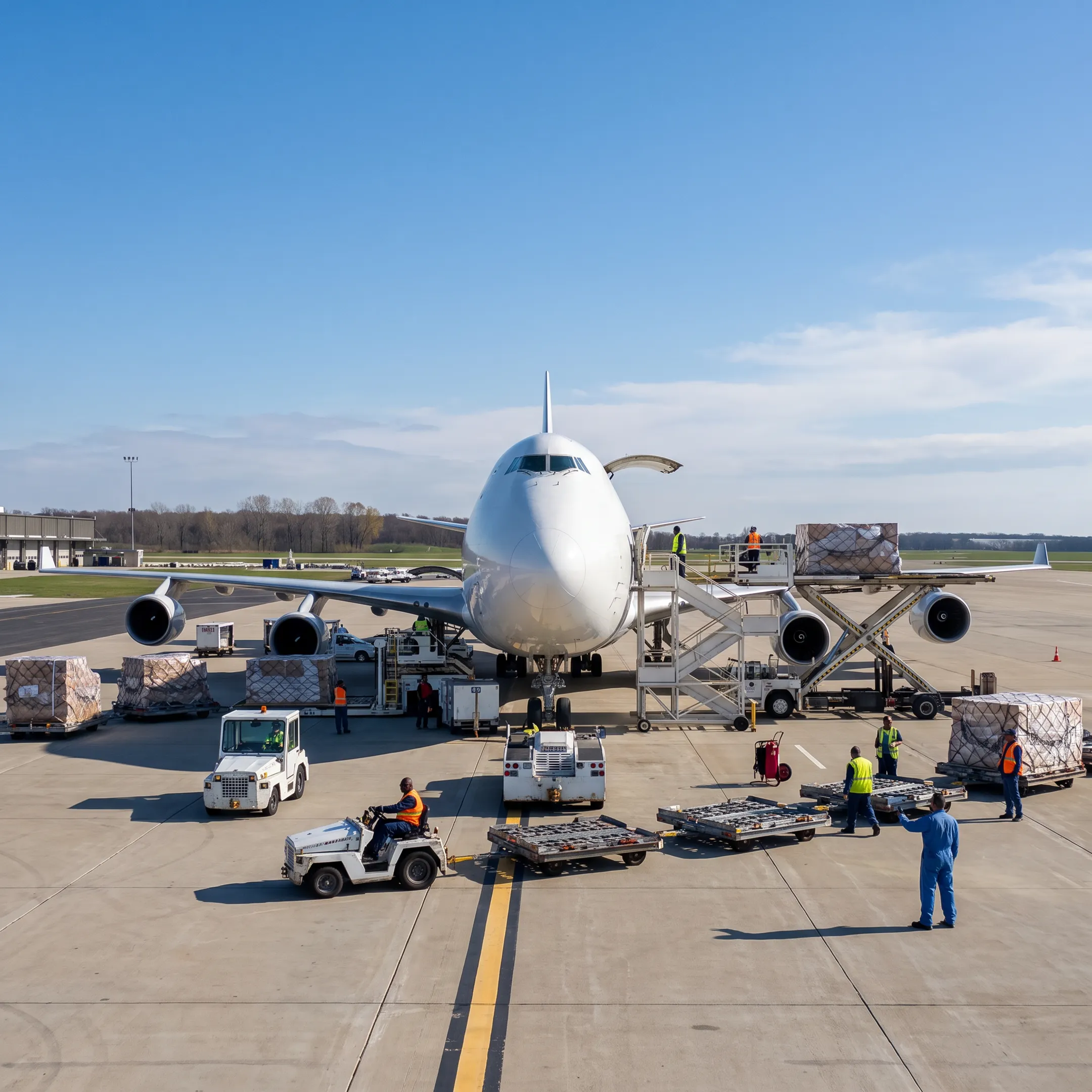 Air cargo charter aircraft preparing for urgent freight transport from St. Louis