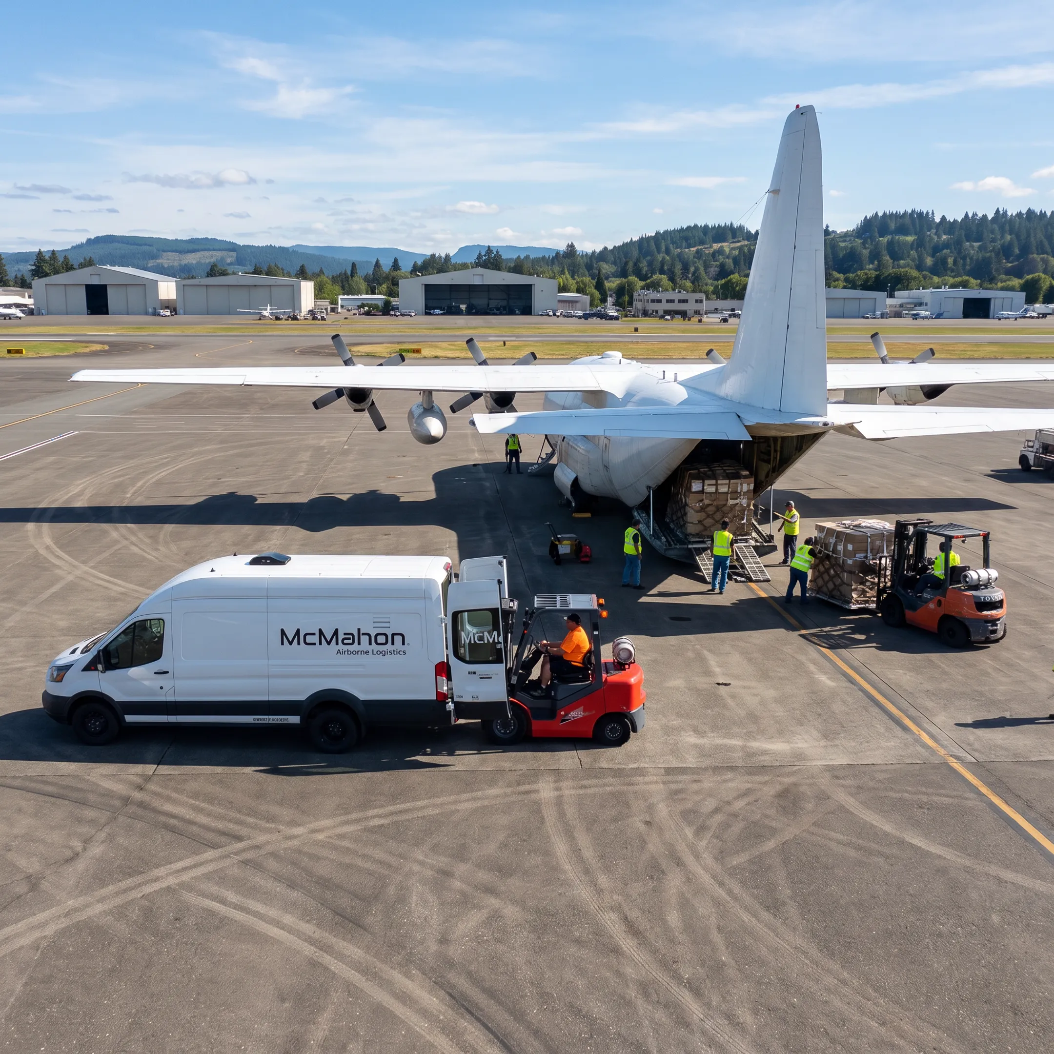 Air cargo charter aircraft preparing for freight loading near Seattle