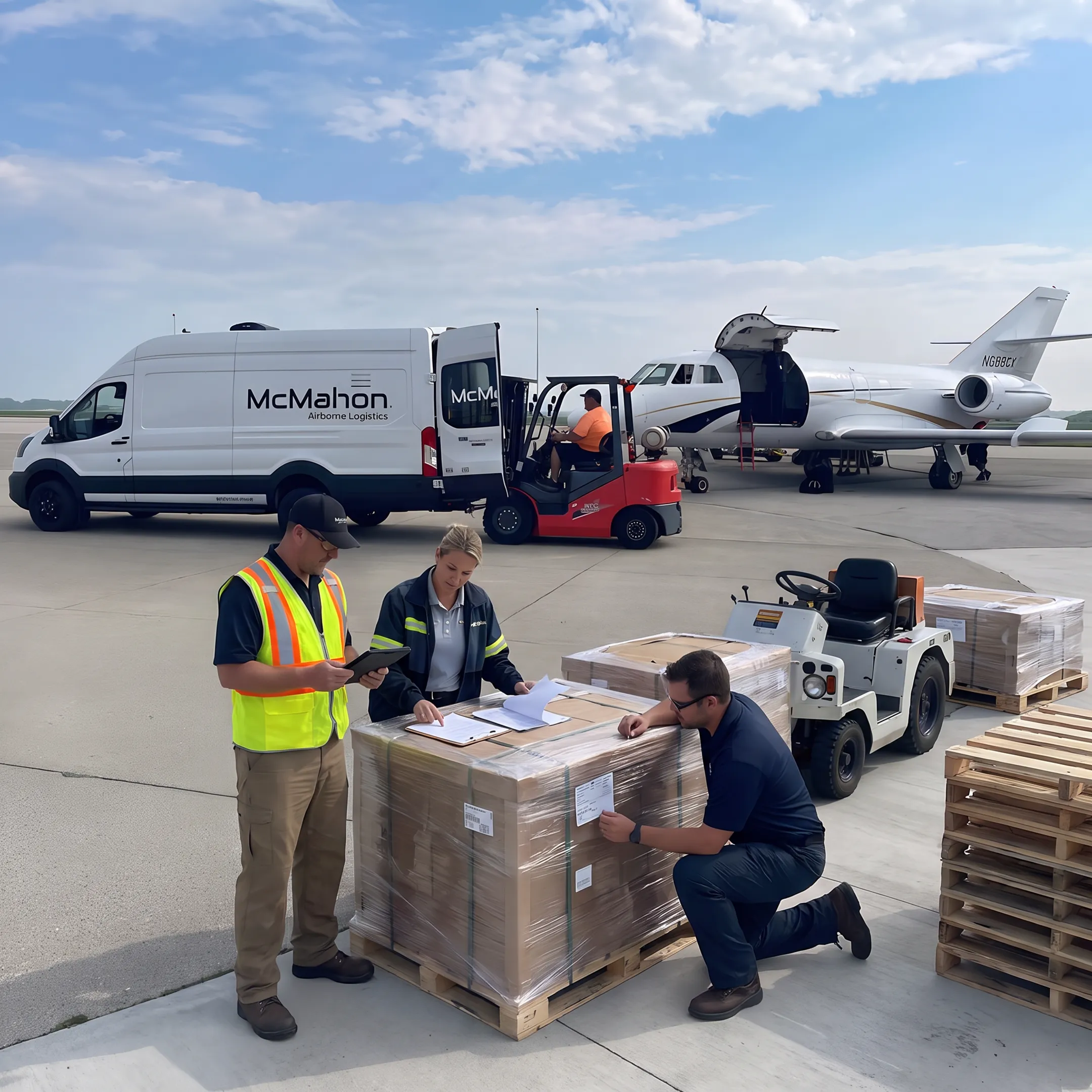 Logistics team coordinating an air cargo charter shipment