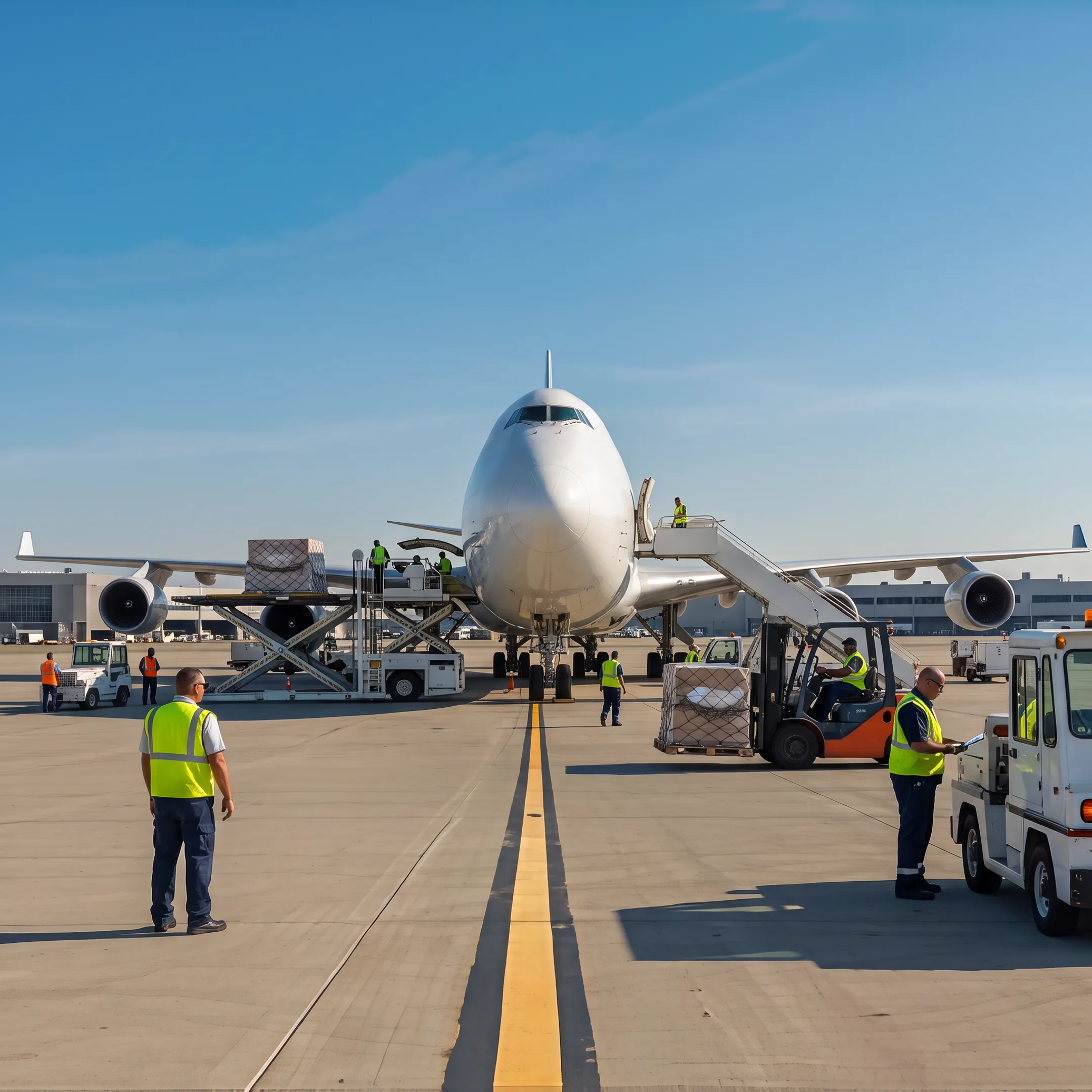 Air cargo charter aircraft prepared for freight shipment from New York