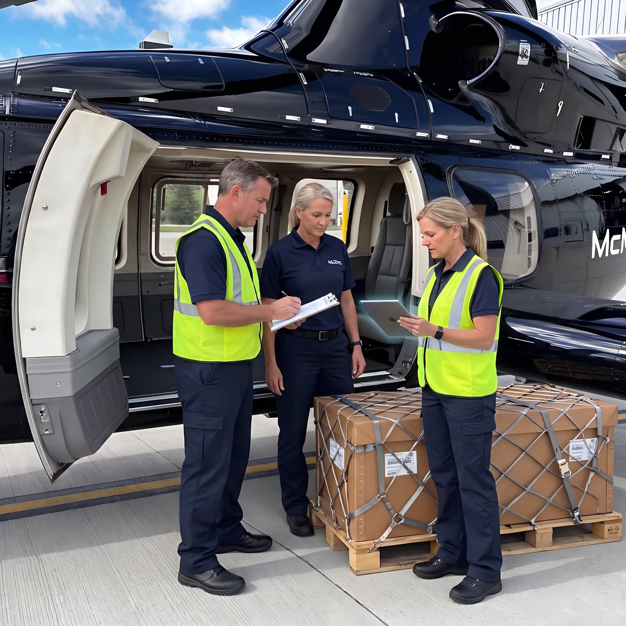 Logistics team coordinating air cargo charter shipment