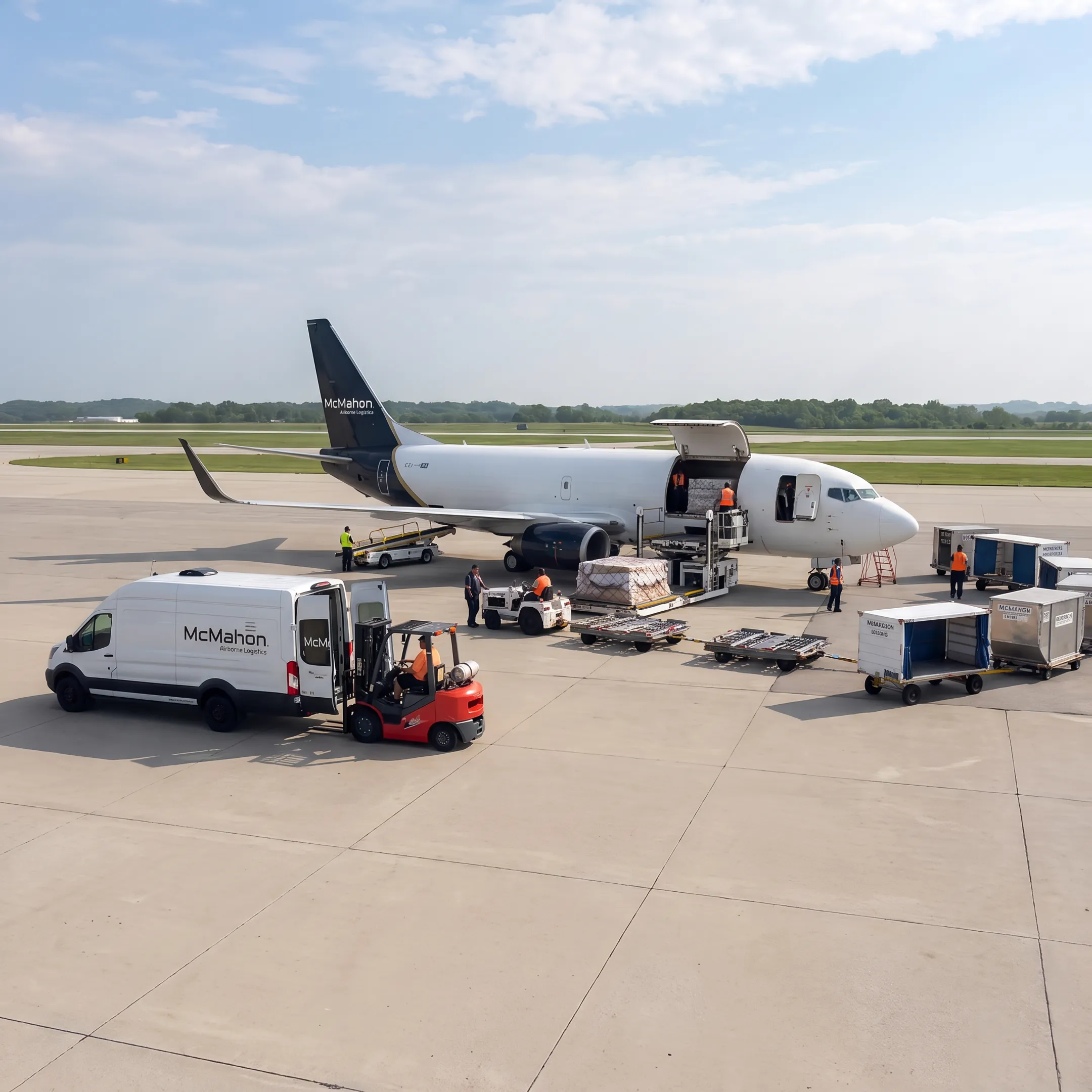 Air cargo charter aircraft preparing for freight shipment near Chicago