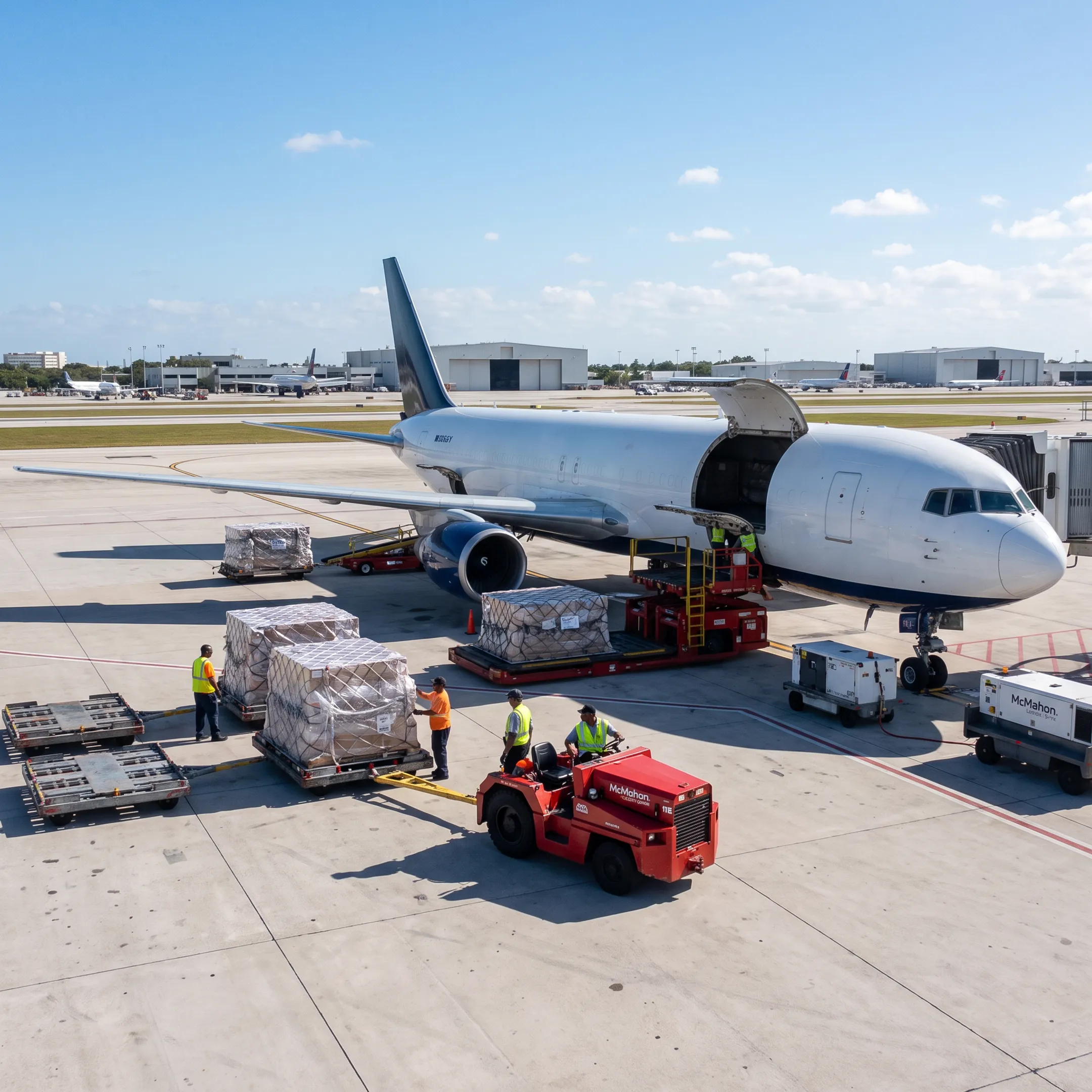 Air cargo charter aircraft preparing freight shipment near Miami