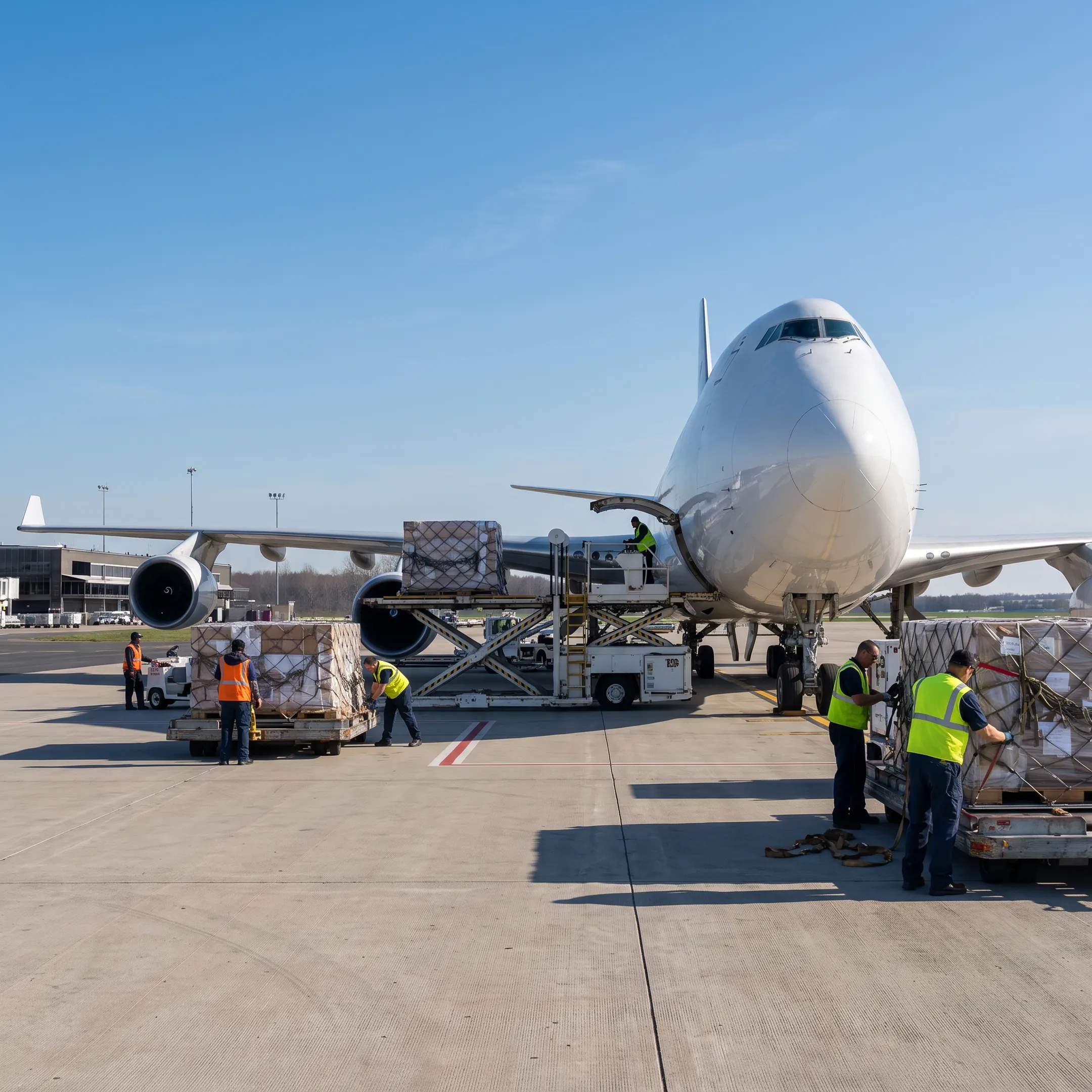 Air cargo charter aircraft preparing time-critical freight near Kansas City